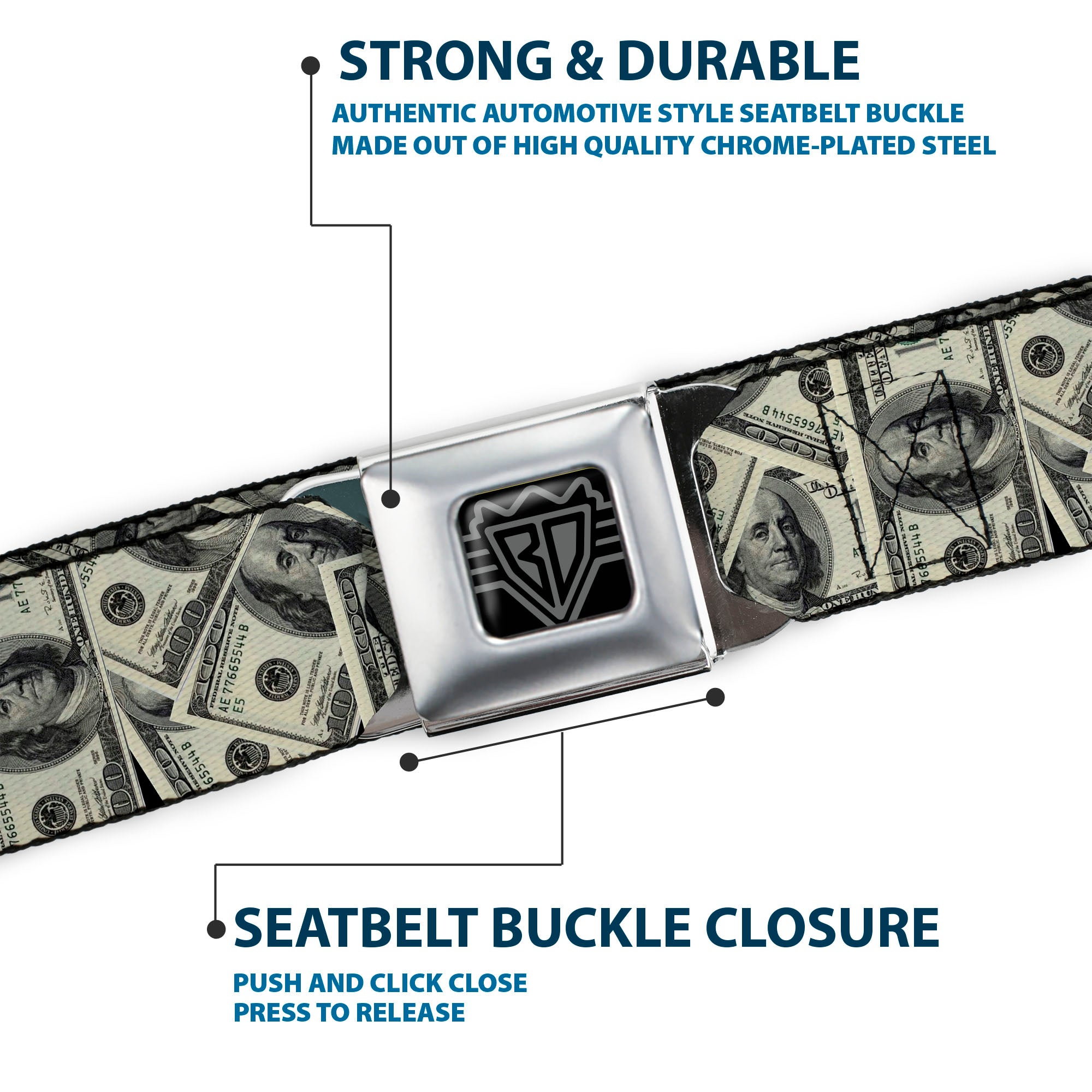 BD Wings Logo CLOSE-UP Full Color Black Silver Seatbelt Belt - Benjamins2 Stacked Webbing Seatbelt Belts Buckle-Down