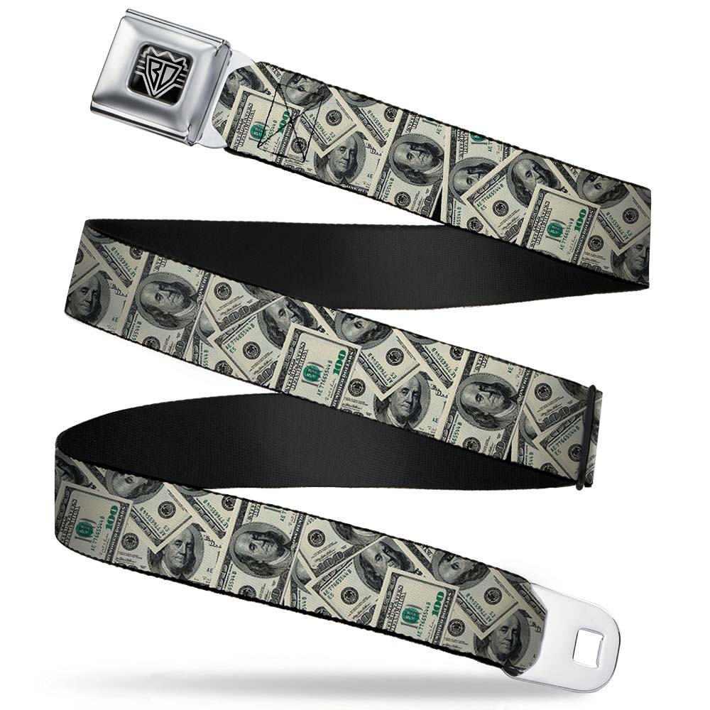 BD Wings Logo CLOSE-UP Full Color Black Silver Seatbelt Belt - Benjamins2 Stacked Webbing Seatbelt Belts Buckle-Down