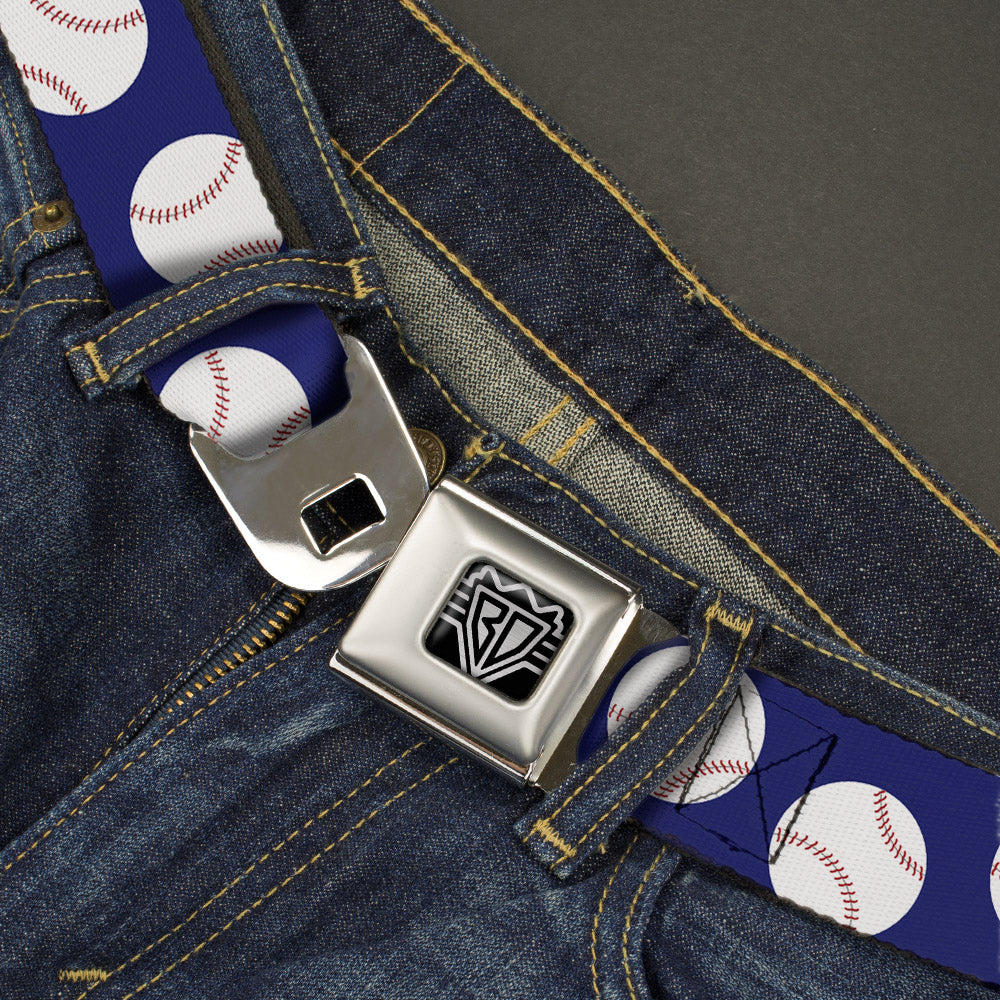 BD Wings Logo CLOSE-UP Full Color Black Silver Seatbelt Belt - Baseballs Scattered Blue Webbing Seatbelt Belts Buckle-Down