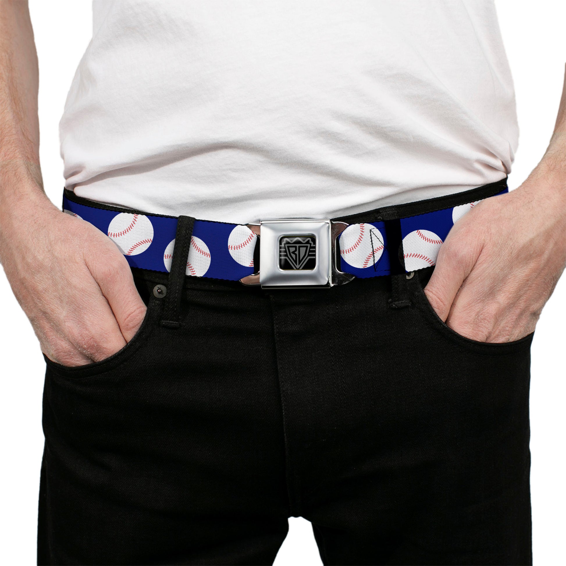 BD Wings Logo CLOSE-UP Full Color Black Silver Seatbelt Belt - Baseballs Scattered Blue Webbing Seatbelt Belts Buckle-Down