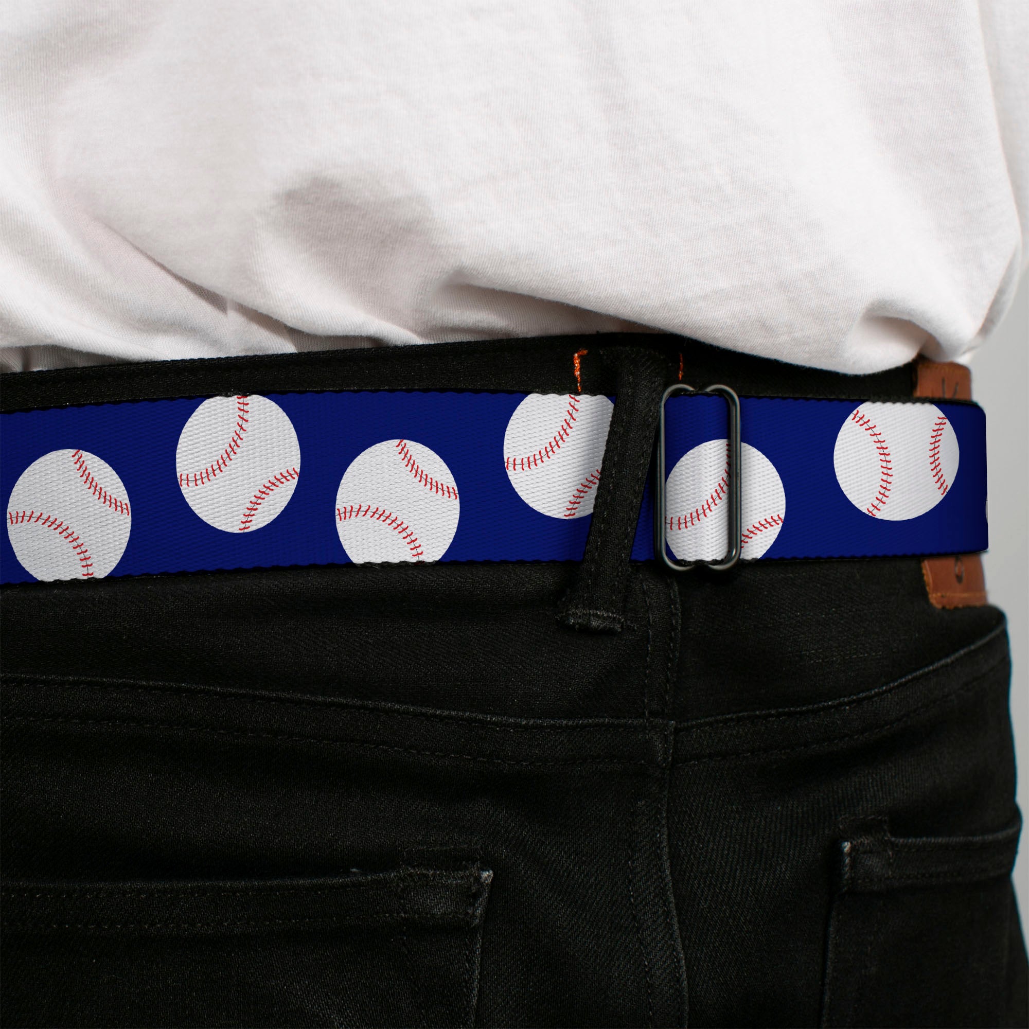 BD Wings Logo CLOSE-UP Full Color Black Silver Seatbelt Belt - Baseballs Scattered Blue Webbing Seatbelt Belts Buckle-Down