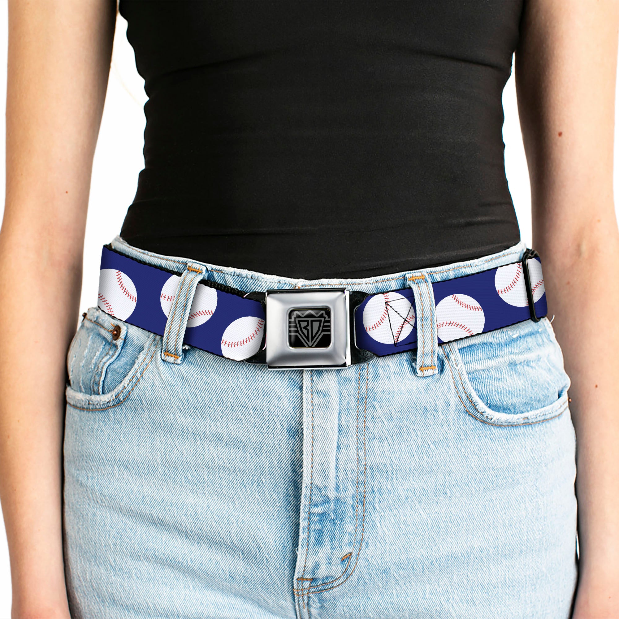 BD Wings Logo CLOSE-UP Full Color Black Silver Seatbelt Belt - Baseballs Scattered Blue Webbing Seatbelt Belts Buckle-Down