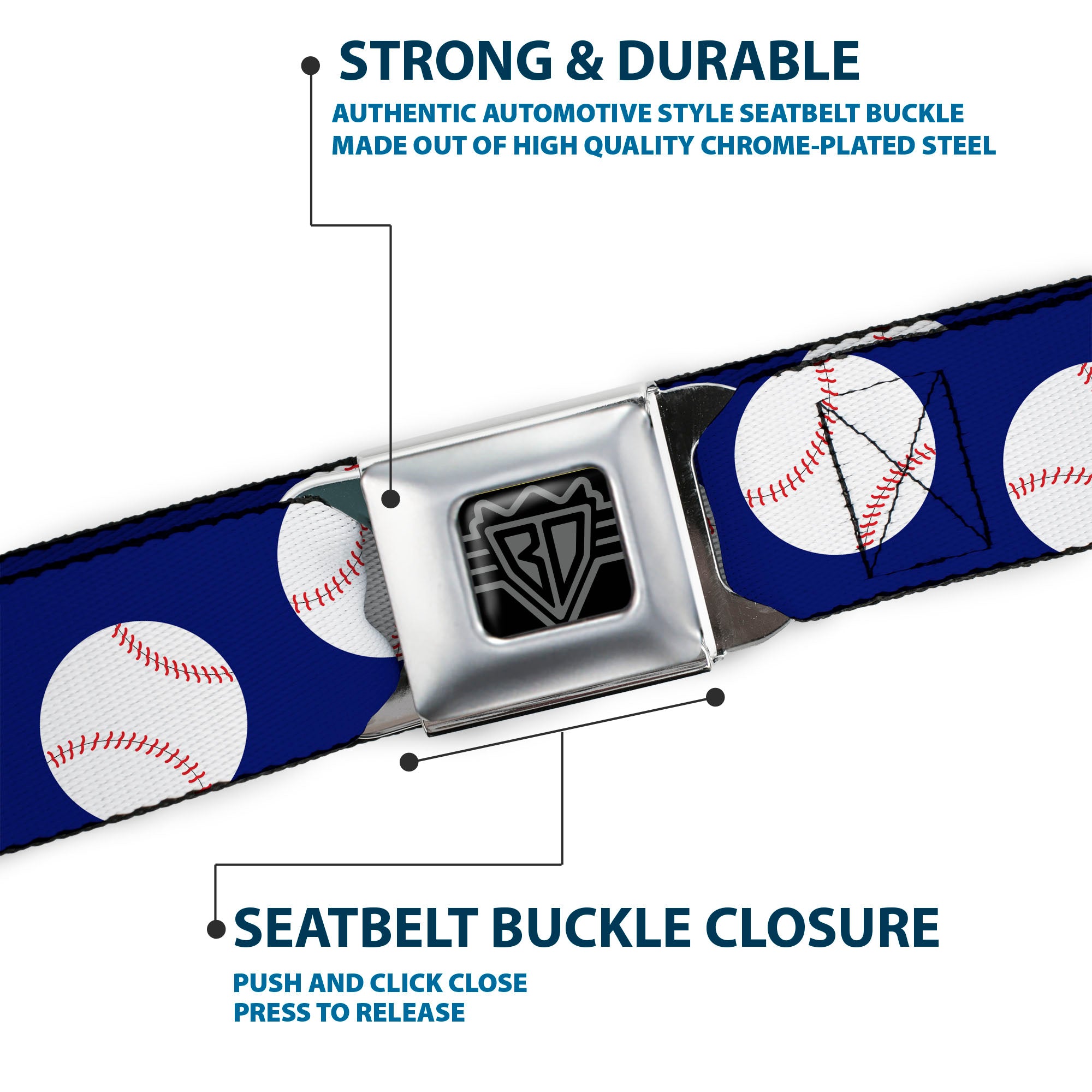 BD Wings Logo CLOSE-UP Full Color Black Silver Seatbelt Belt - Baseballs Scattered Blue Webbing Seatbelt Belts Buckle-Down