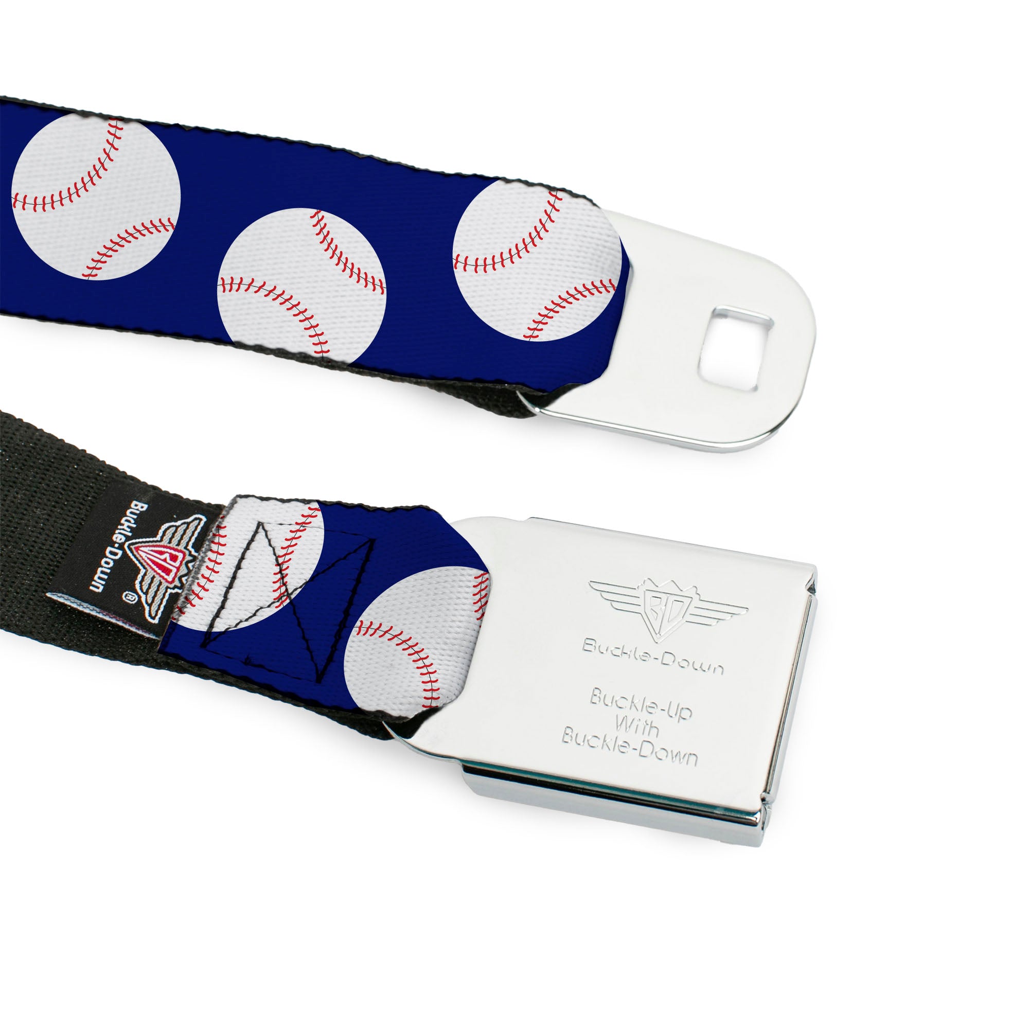 BD Wings Logo CLOSE-UP Full Color Black Silver Seatbelt Belt - Baseballs Scattered Blue Webbing Seatbelt Belts Buckle-Down