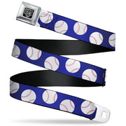 BD Wings Logo CLOSE-UP Full Color Black Silver Seatbelt Belt - Baseballs Scattered Blue Webbing Seatbelt Belts Buckle-Down