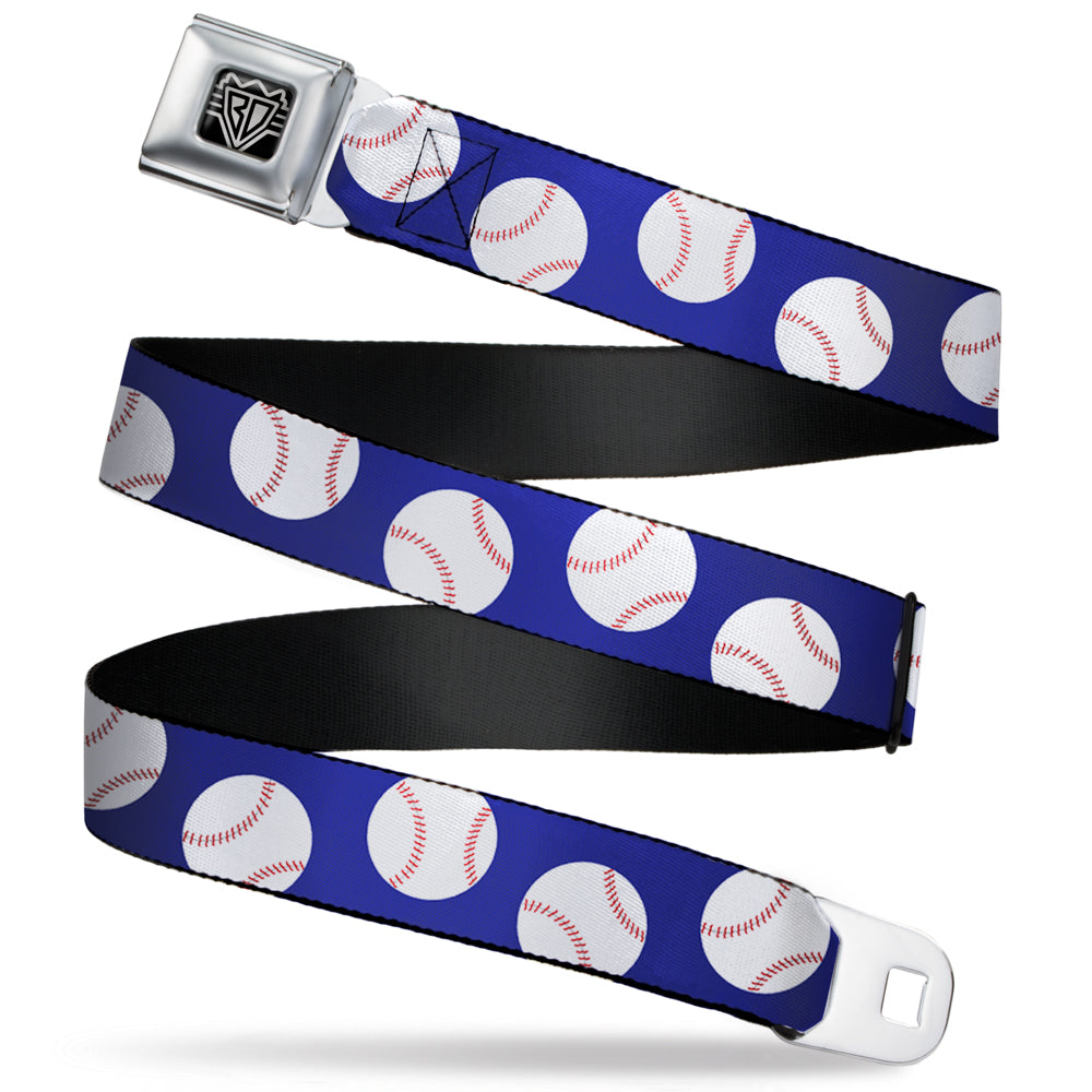 BD Wings Logo CLOSE-UP Full Color Black Silver Seatbelt Belt - Baseballs Scattered Blue Webbing Seatbelt Belts Buckle-Down