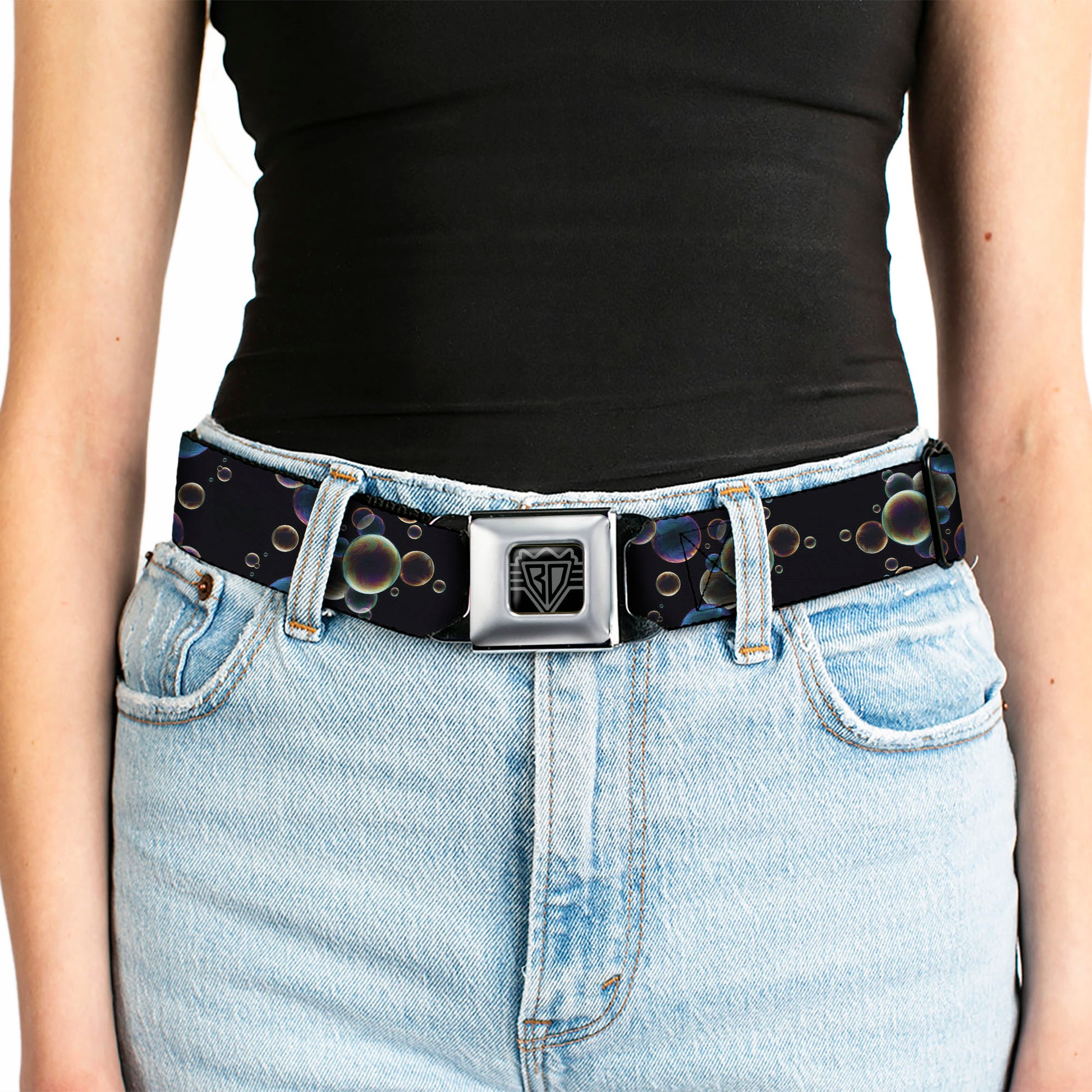 BD Wings Logo CLOSE-UP Full Color Black Silver Seatbelt Belt - Bubbles Black/Iridescent Multi Color Webbing Seatbelt Belts Buckle-Down