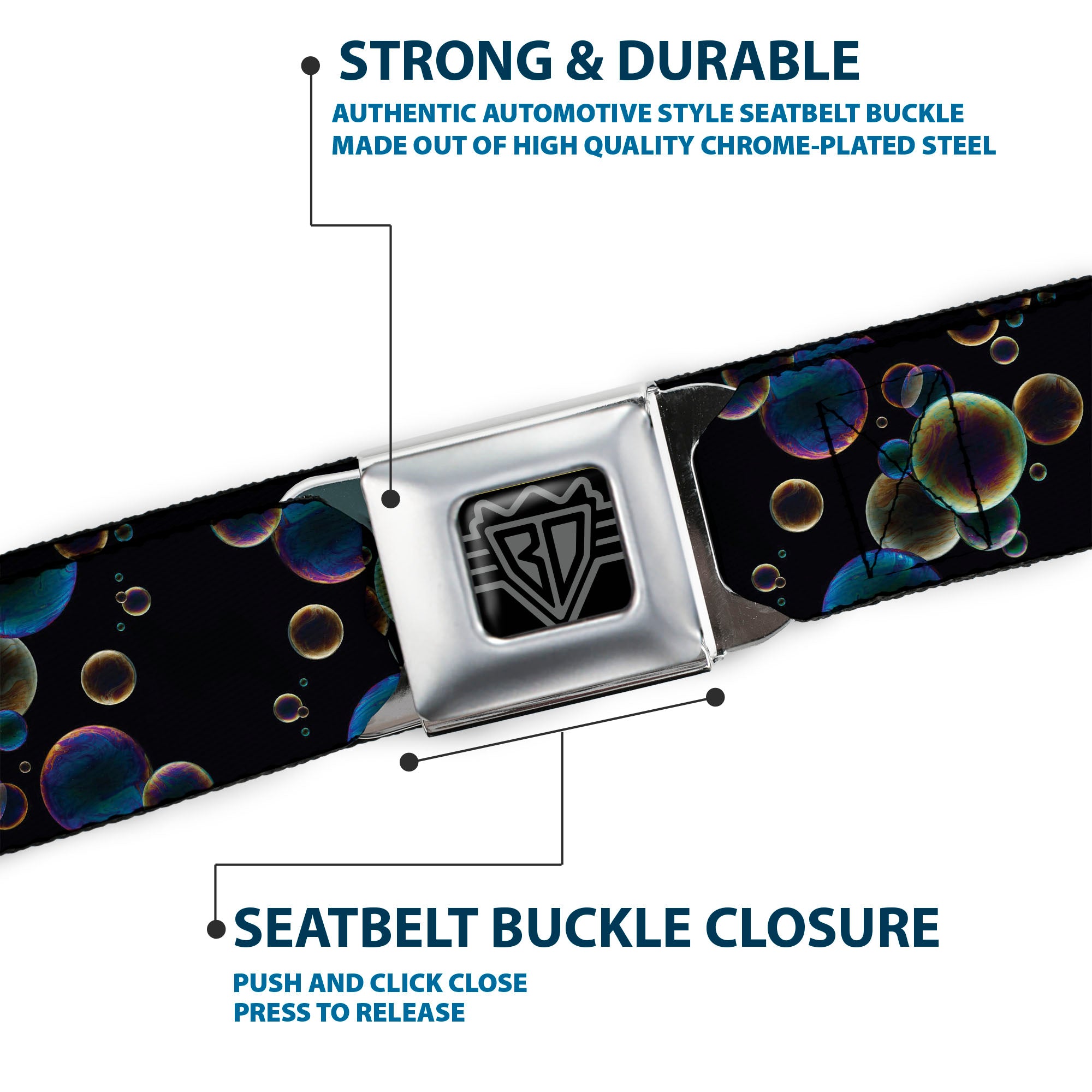 BD Wings Logo CLOSE-UP Full Color Black Silver Seatbelt Belt - Bubbles Black/Iridescent Multi Color Webbing Seatbelt Belts Buckle-Down