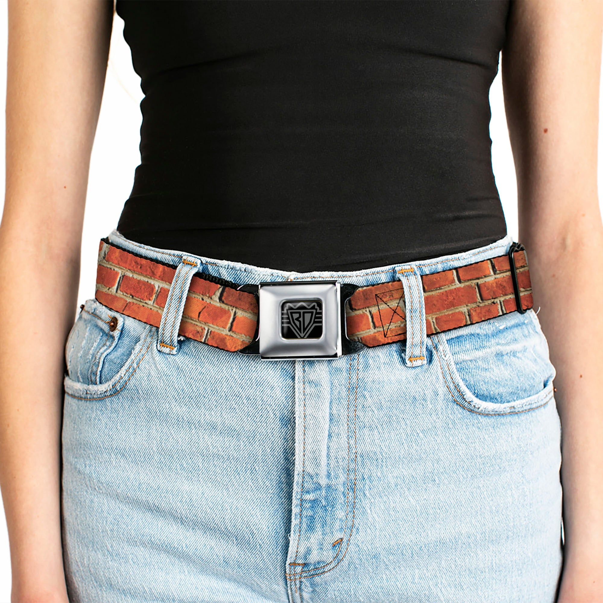 BD Wings Logo CLOSE-UP Full Color Black Silver Seatbelt Belt - Brick Wall Webbing Seatbelt Belts Buckle-Down