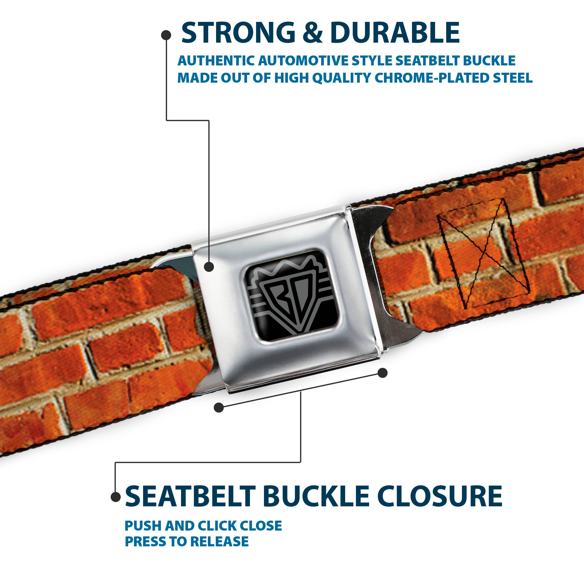 BD Wings Logo CLOSE-UP Full Color Black Silver Seatbelt Belt - Brick Wall Webbing Seatbelt Belts Buckle-Down