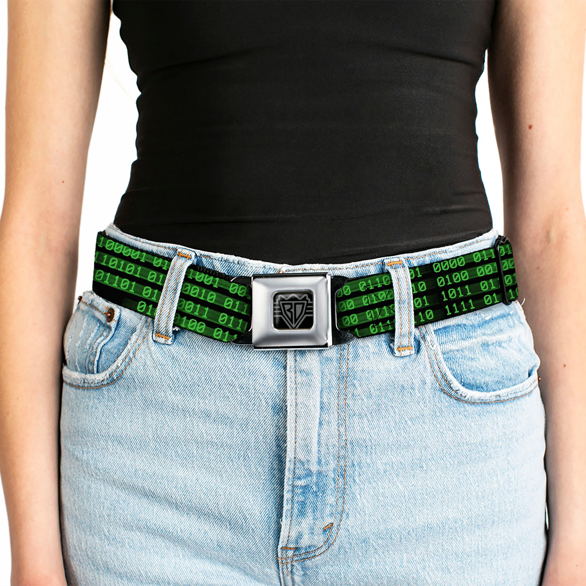 BD Wings Logo CLOSE-UP Full Color Black Silver Seatbelt Belt - Binary Code Black/Green Webbing Seatbelt Belts Buckle-Down