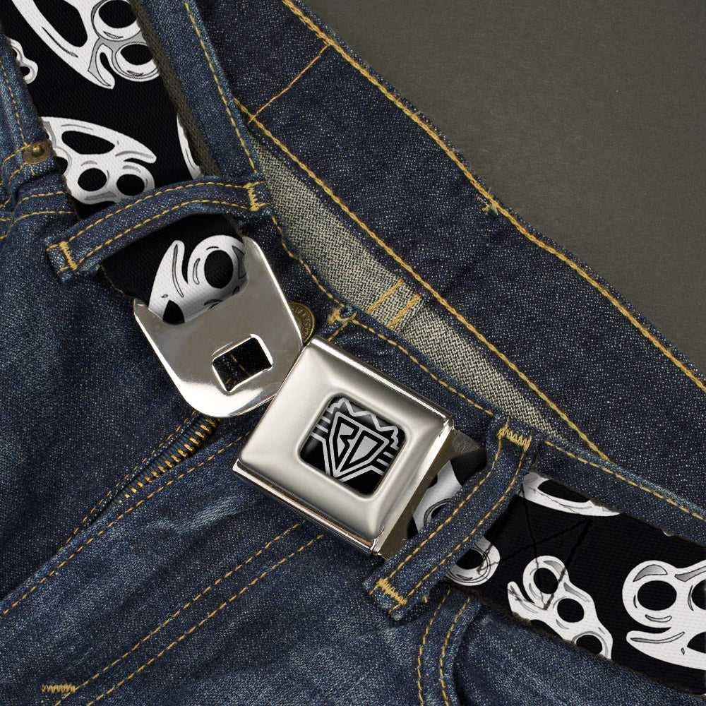 BD Wings Logo CLOSE-UP Full Color Black Silver Seatbelt Belt - Brass Knuckles/Skulls/Roses2 Black/White Webbing Seatbelt Belts Buckle-Down