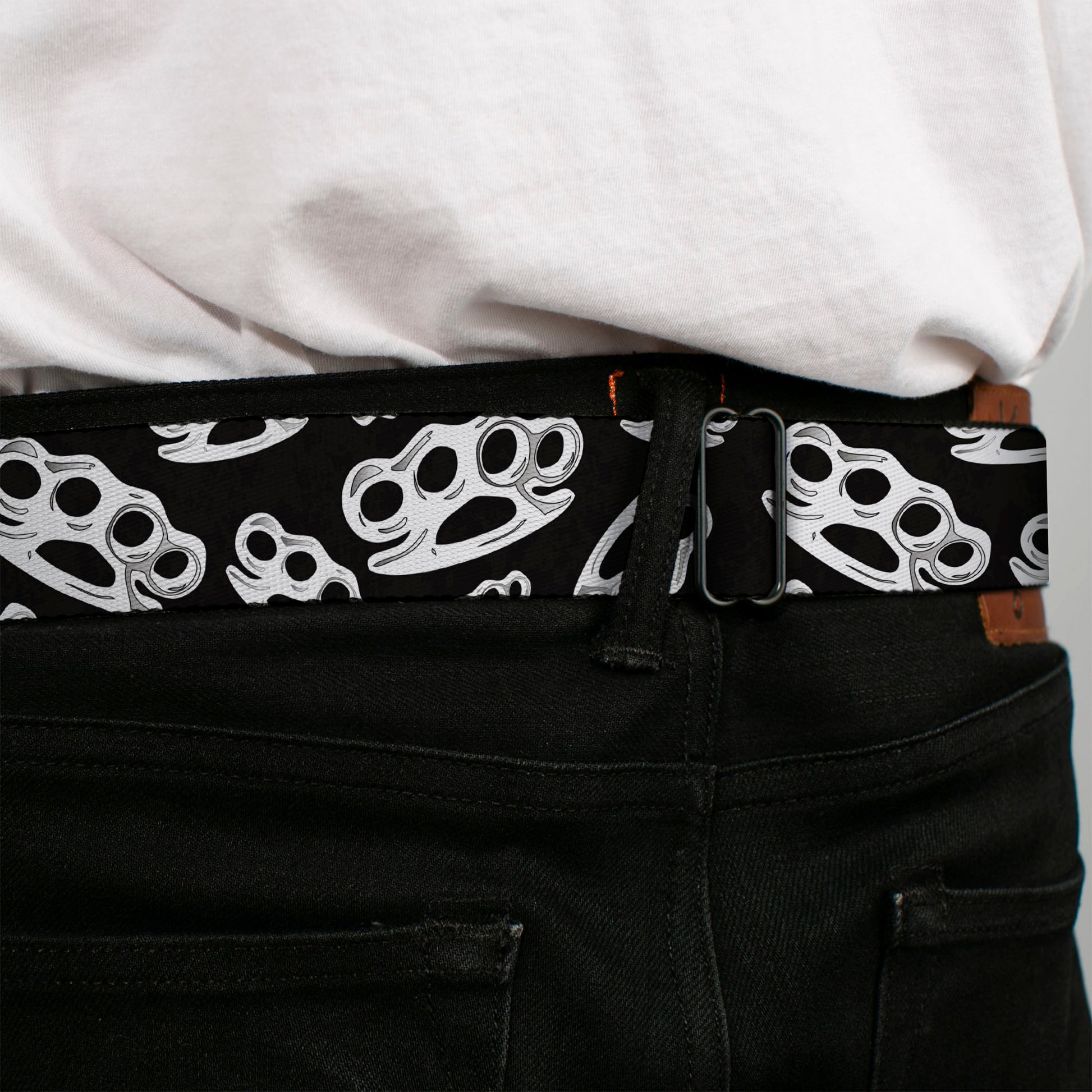 BD Wings Logo CLOSE-UP Full Color Black Silver Seatbelt Belt - Brass Knuckles/Skulls/Roses2 Black/White Webbing Seatbelt Belts Buckle-Down