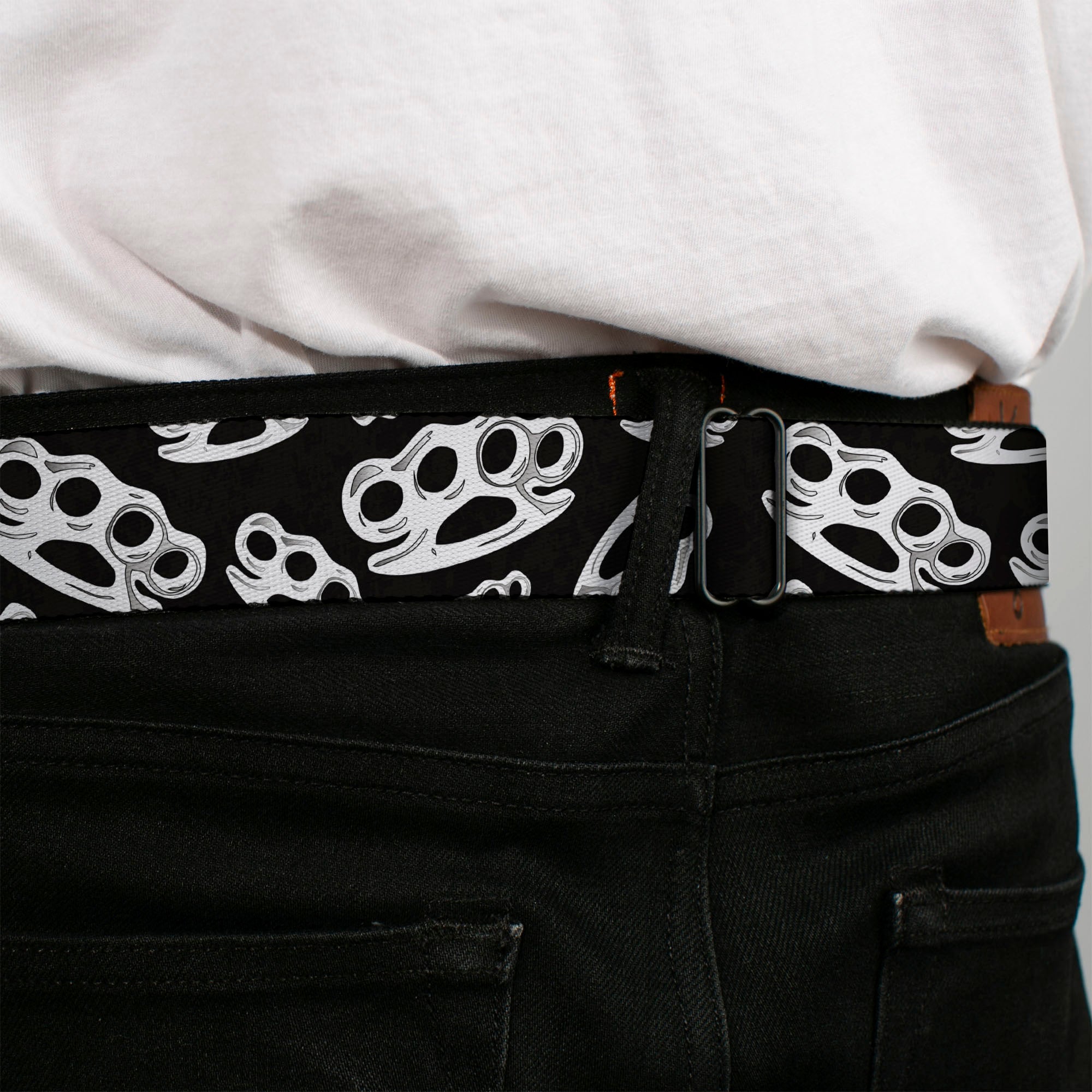 BD Wings Logo CLOSE-UP Full Color Black Silver Seatbelt Belt - Brass Knuckles/Skulls/Roses2 Black/White Webbing Seatbelt Belts Buckle-Down