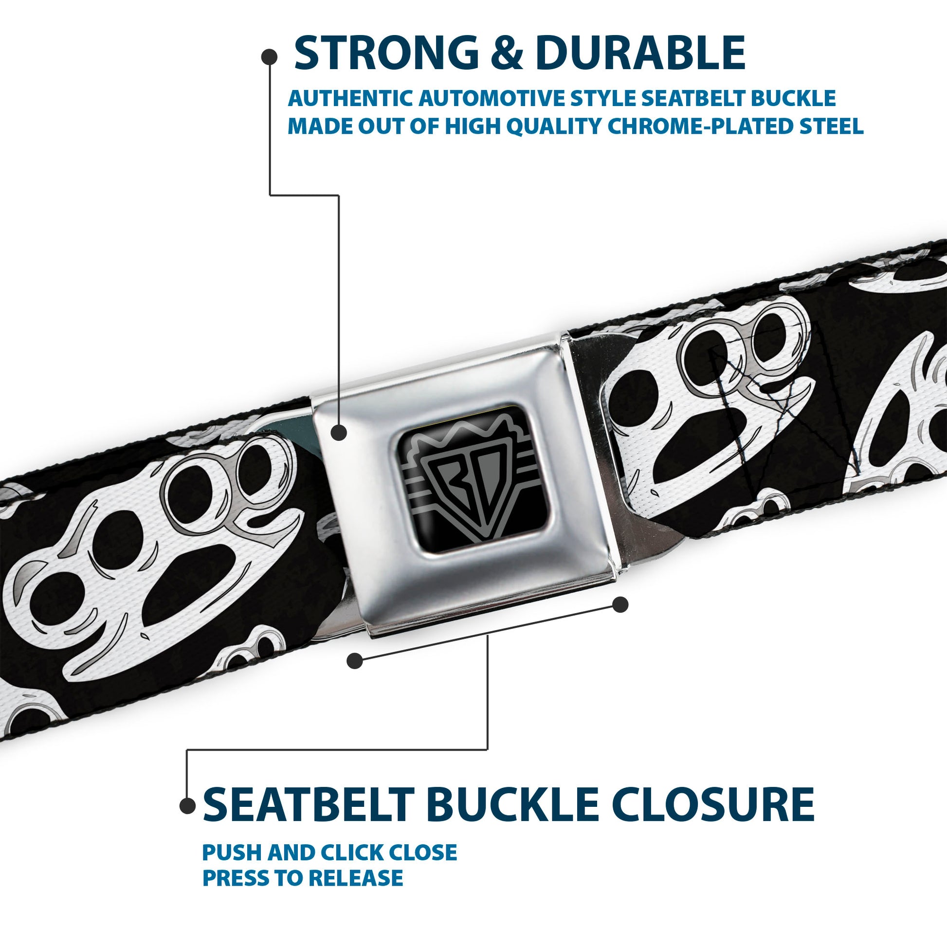 BD Wings Logo CLOSE-UP Full Color Black Silver Seatbelt Belt - Brass Knuckles/Skulls/Roses2 Black/White Webbing Seatbelt Belts Buckle-Down
