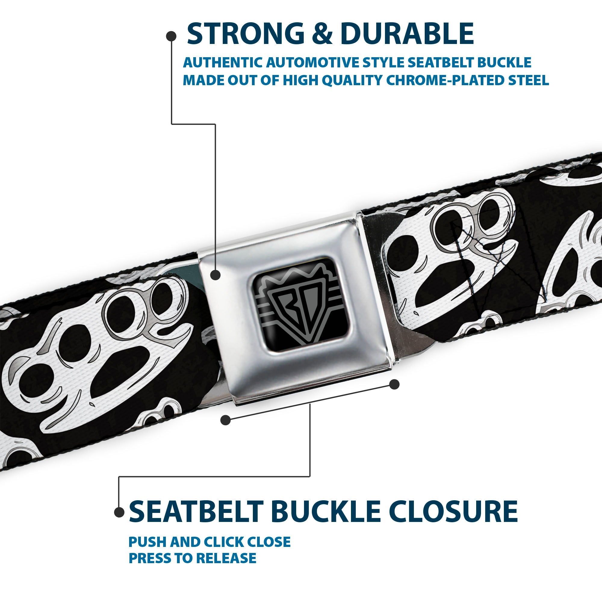 BD Wings Logo CLOSE-UP Full Color Black Silver Seatbelt Belt - Brass Knuckles/Skulls/Roses2 Black/White Webbing Seatbelt Belts Buckle-Down
