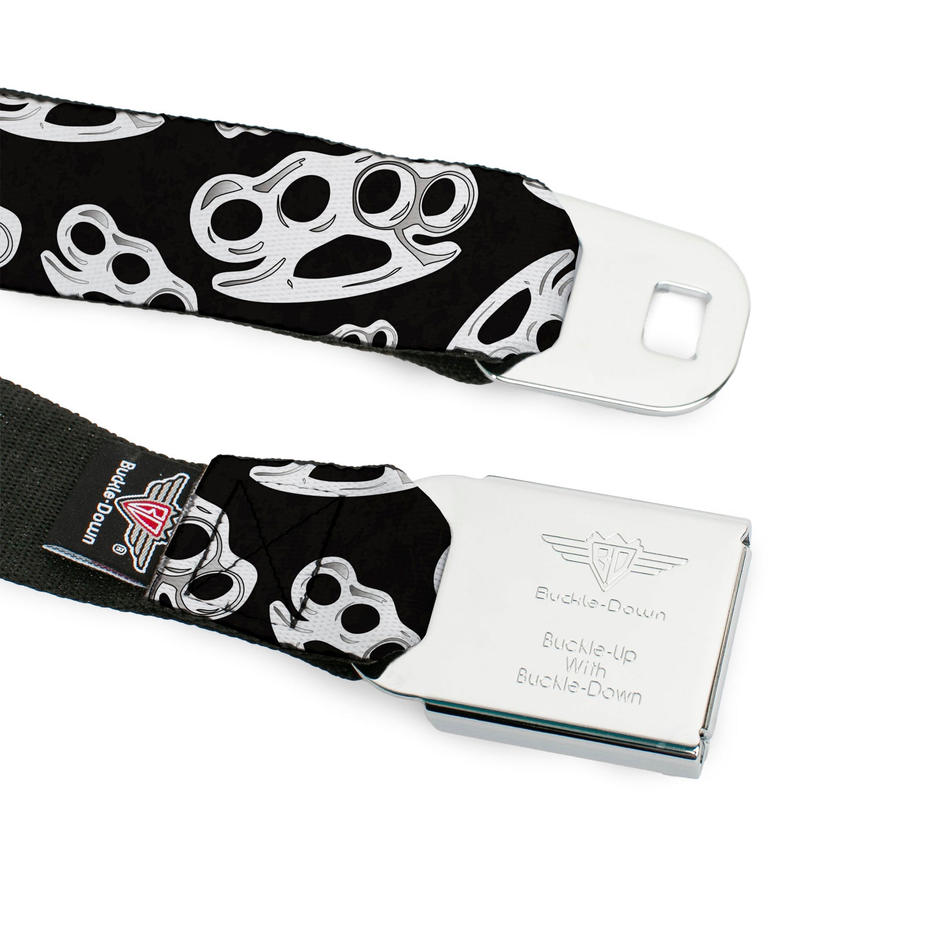 BD Wings Logo CLOSE-UP Full Color Black Silver Seatbelt Belt - Brass Knuckles/Skulls/Roses2 Black/White Webbing Seatbelt Belts Buckle-Down