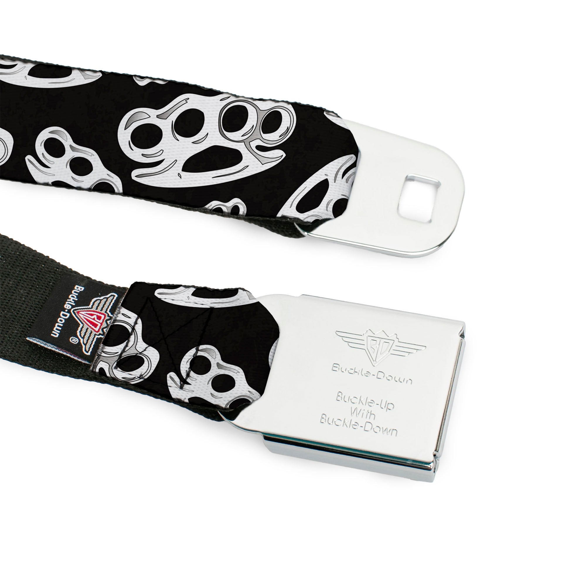 BD Wings Logo CLOSE-UP Full Color Black Silver Seatbelt Belt - Brass Knuckles/Skulls/Roses2 Black/White Webbing Seatbelt Belts Buckle-Down
