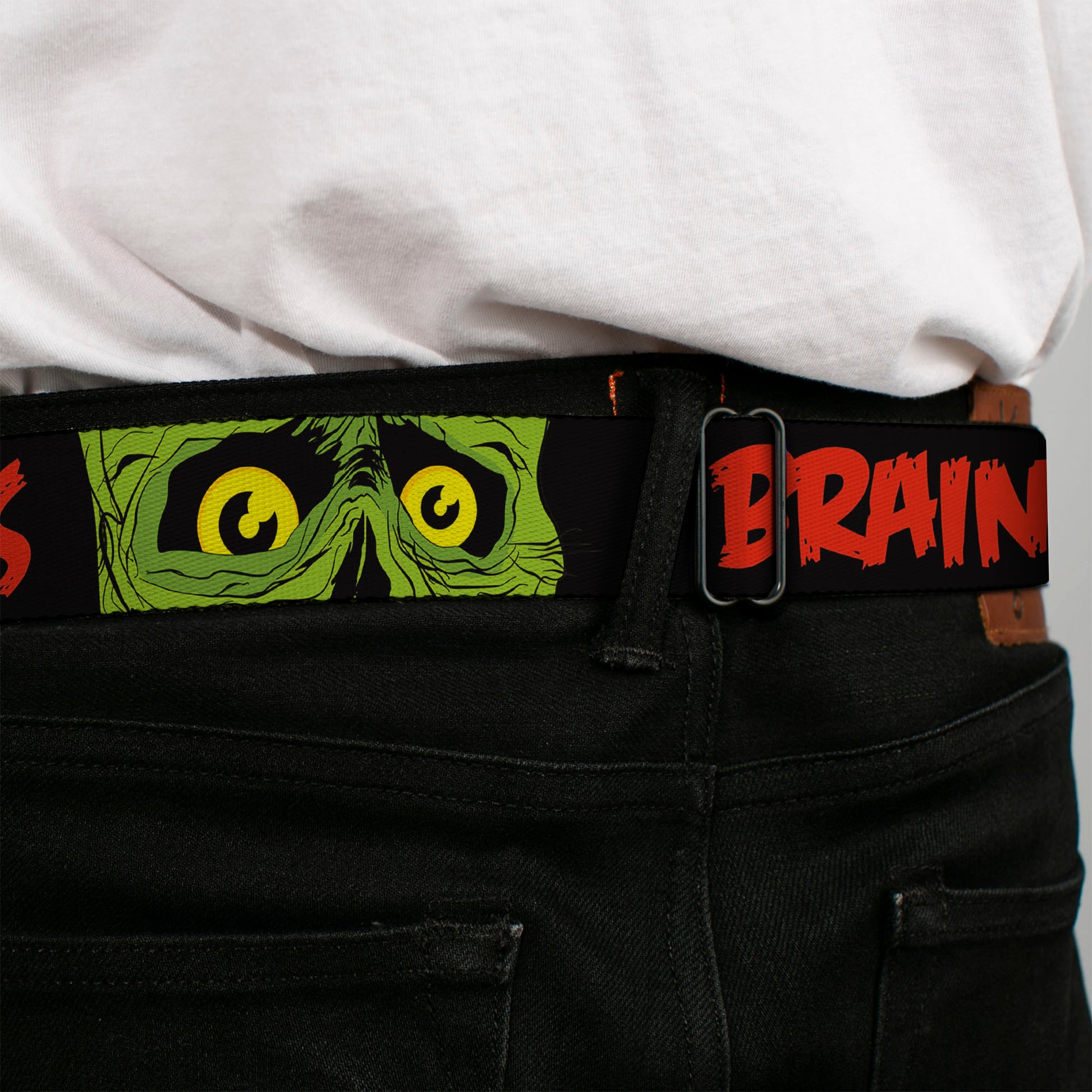 BD Wings Logo CLOSE-UP Black/Silver Seatbelt Belt - BRAINS/Zombie Face CLOSE-UP Black/Red/Green/Yellow Webbing Seatbelt Belts Buckle-Down