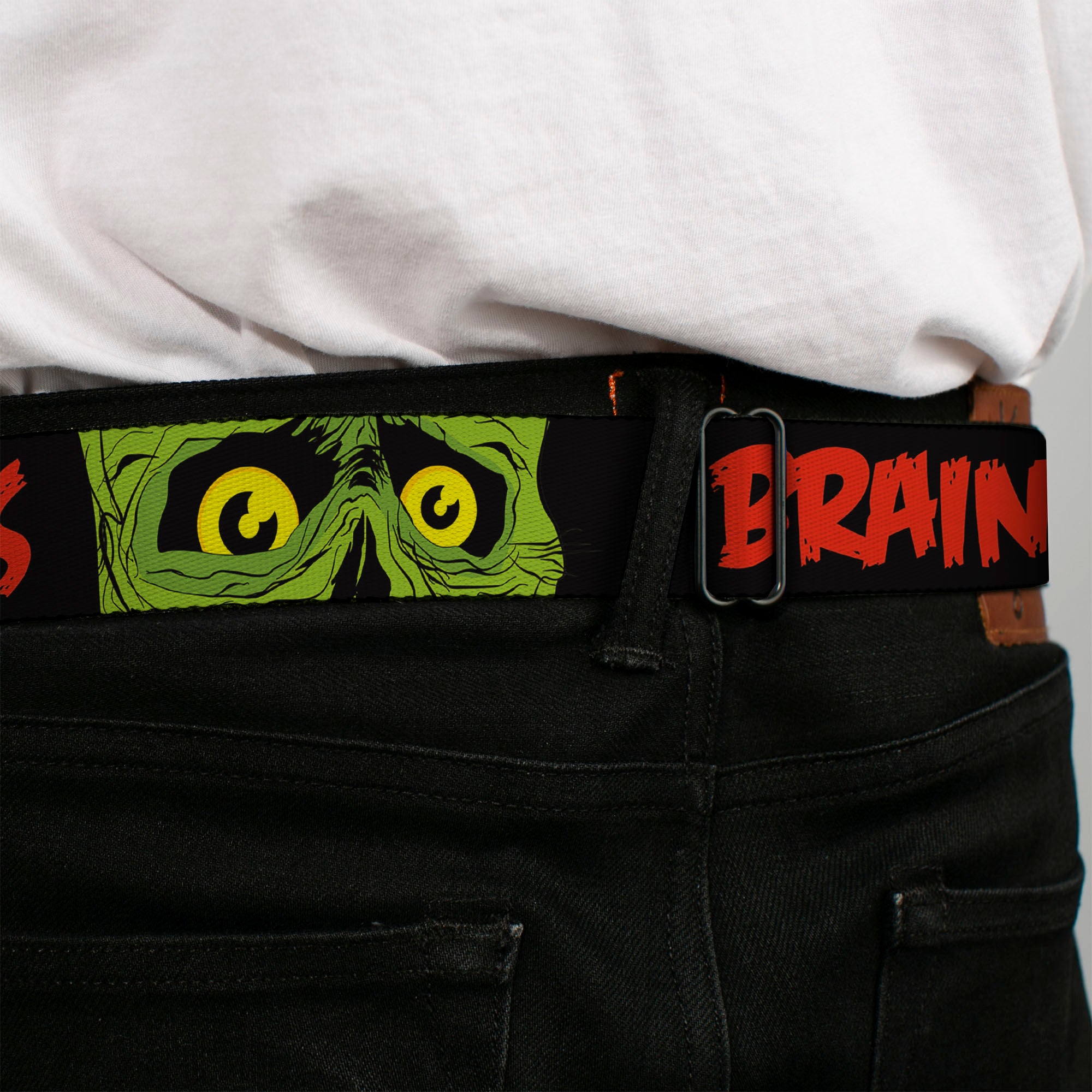 BD Wings Logo CLOSE-UP Black/Silver Seatbelt Belt - BRAINS/Zombie Face CLOSE-UP Black/Red/Green/Yellow Webbing Seatbelt Belts Buckle-Down