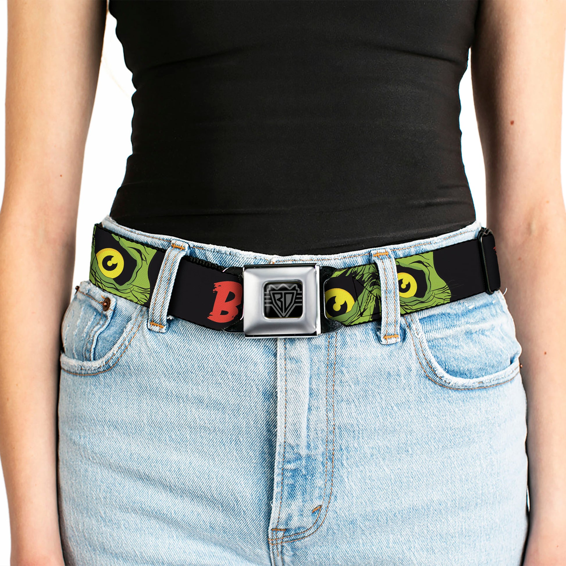 BD Wings Logo CLOSE-UP Black/Silver Seatbelt Belt - BRAINS/Zombie Face CLOSE-UP Black/Red/Green/Yellow Webbing Seatbelt Belts Buckle-Down