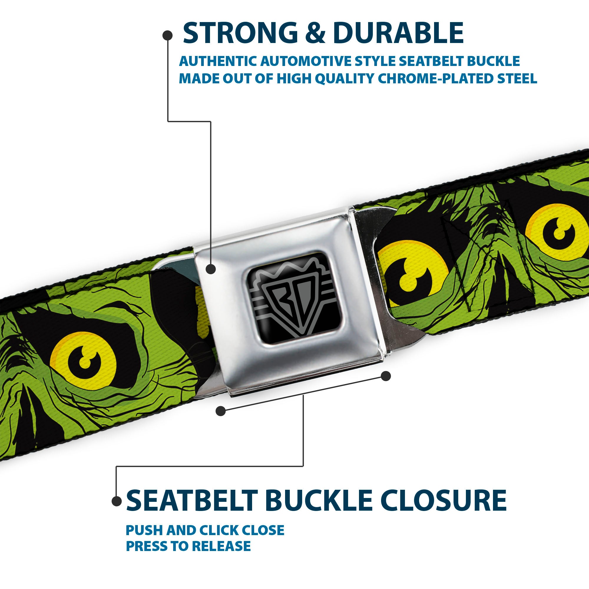 BD Wings Logo CLOSE-UP Black/Silver Seatbelt Belt - BRAINS/Zombie Face CLOSE-UP Black/Red/Green/Yellow Webbing Seatbelt Belts Buckle-Down