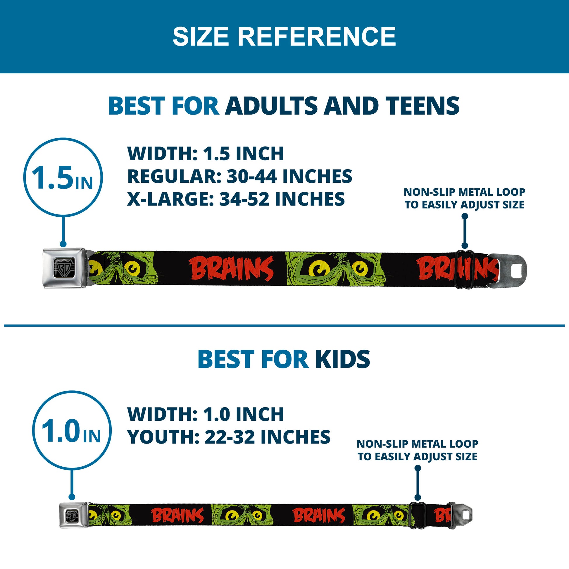 BD Wings Logo CLOSE-UP Black/Silver Seatbelt Belt - BRAINS/Zombie Face CLOSE-UP Black/Red/Green/Yellow Webbing Seatbelt Belts Buckle-Down