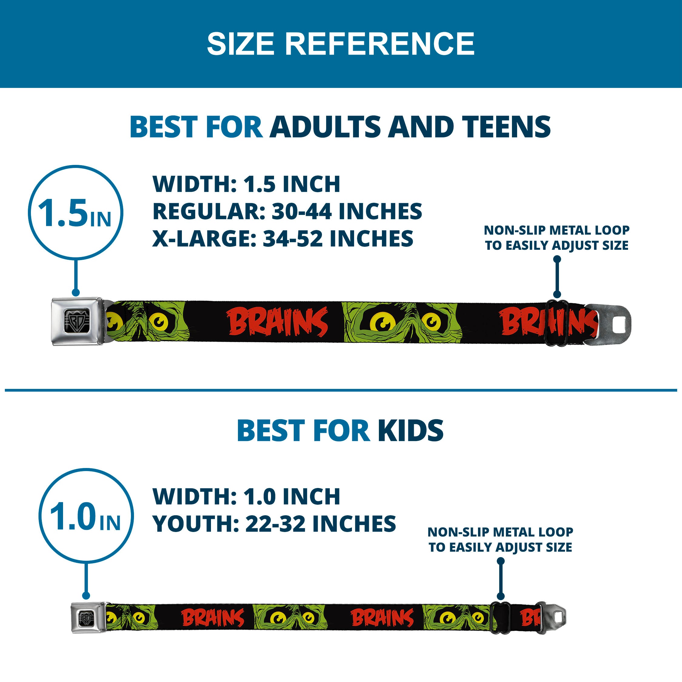 BD Wings Logo CLOSE-UP Black/Silver Seatbelt Belt - BRAINS/Zombie Face CLOSE-UP Black/Red/Green/Yellow Webbing Seatbelt Belts Buckle-Down