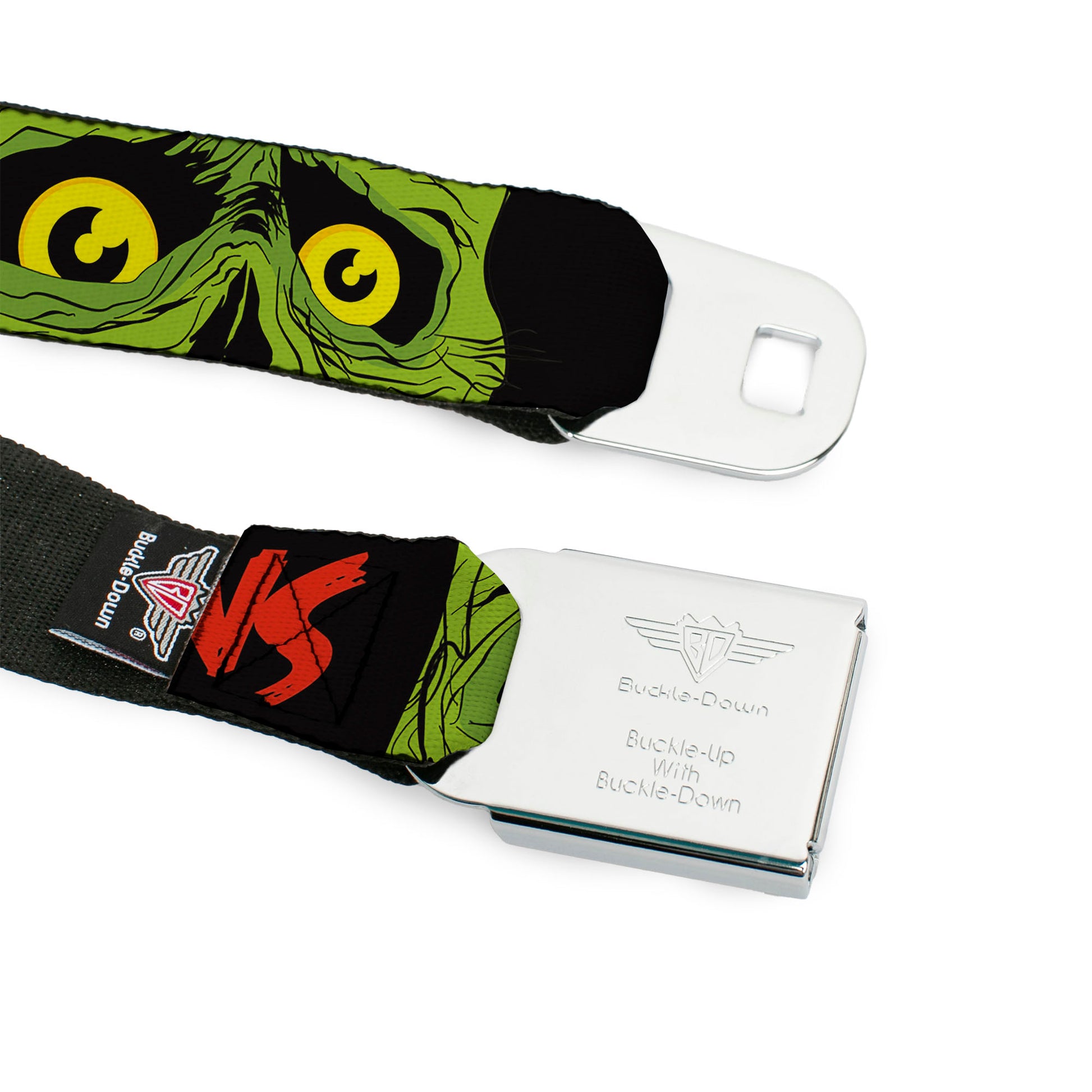 BD Wings Logo CLOSE-UP Black/Silver Seatbelt Belt - BRAINS/Zombie Face CLOSE-UP Black/Red/Green/Yellow Webbing Seatbelt Belts Buckle-Down