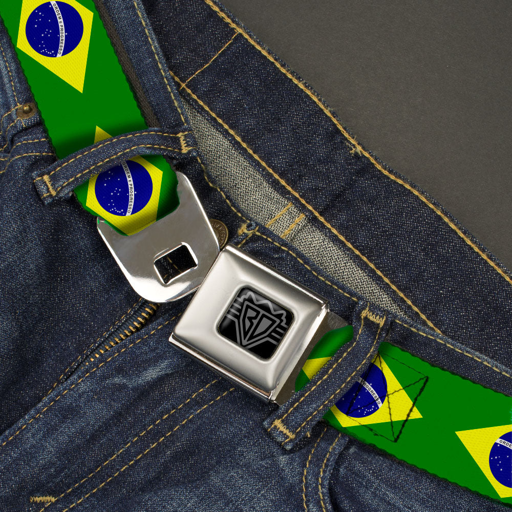 BD Wings Logo CLOSE-UP Black/Silver Seatbelt Belt - Brazil Flag Continuous Webbing Seatbelt Belts Buckle-Down