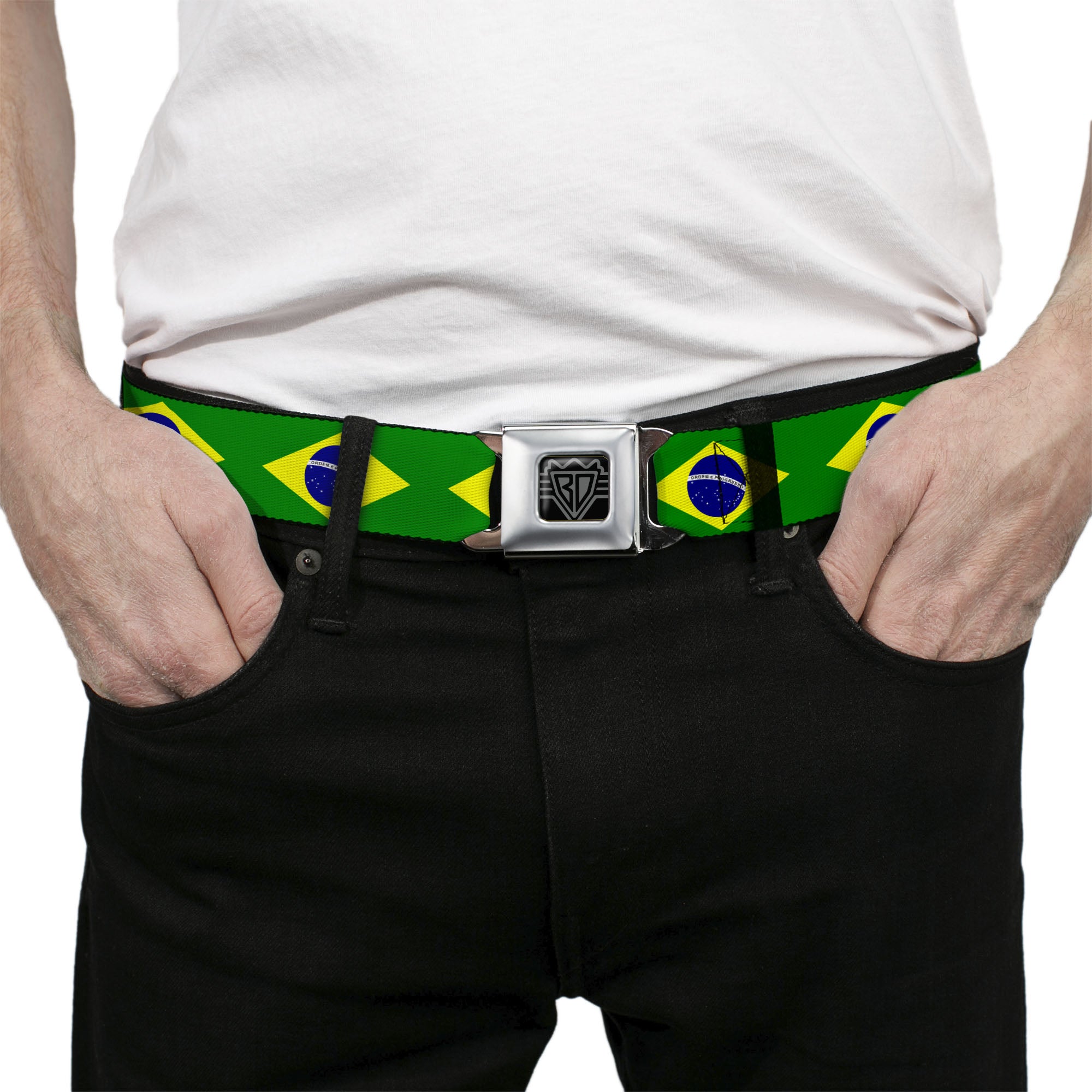 BD Wings Logo CLOSE-UP Black/Silver Seatbelt Belt - Brazil Flag Continuous Webbing Seatbelt Belts Buckle-Down