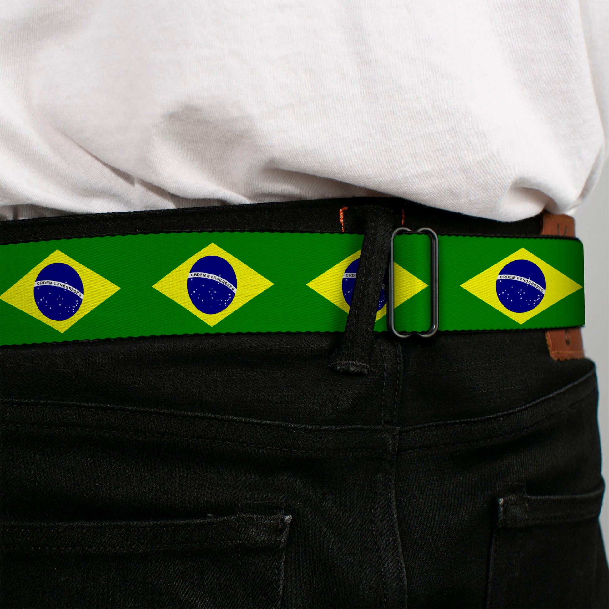 BD Wings Logo CLOSE-UP Black/Silver Seatbelt Belt - Brazil Flag Continuous Webbing Seatbelt Belts Buckle-Down