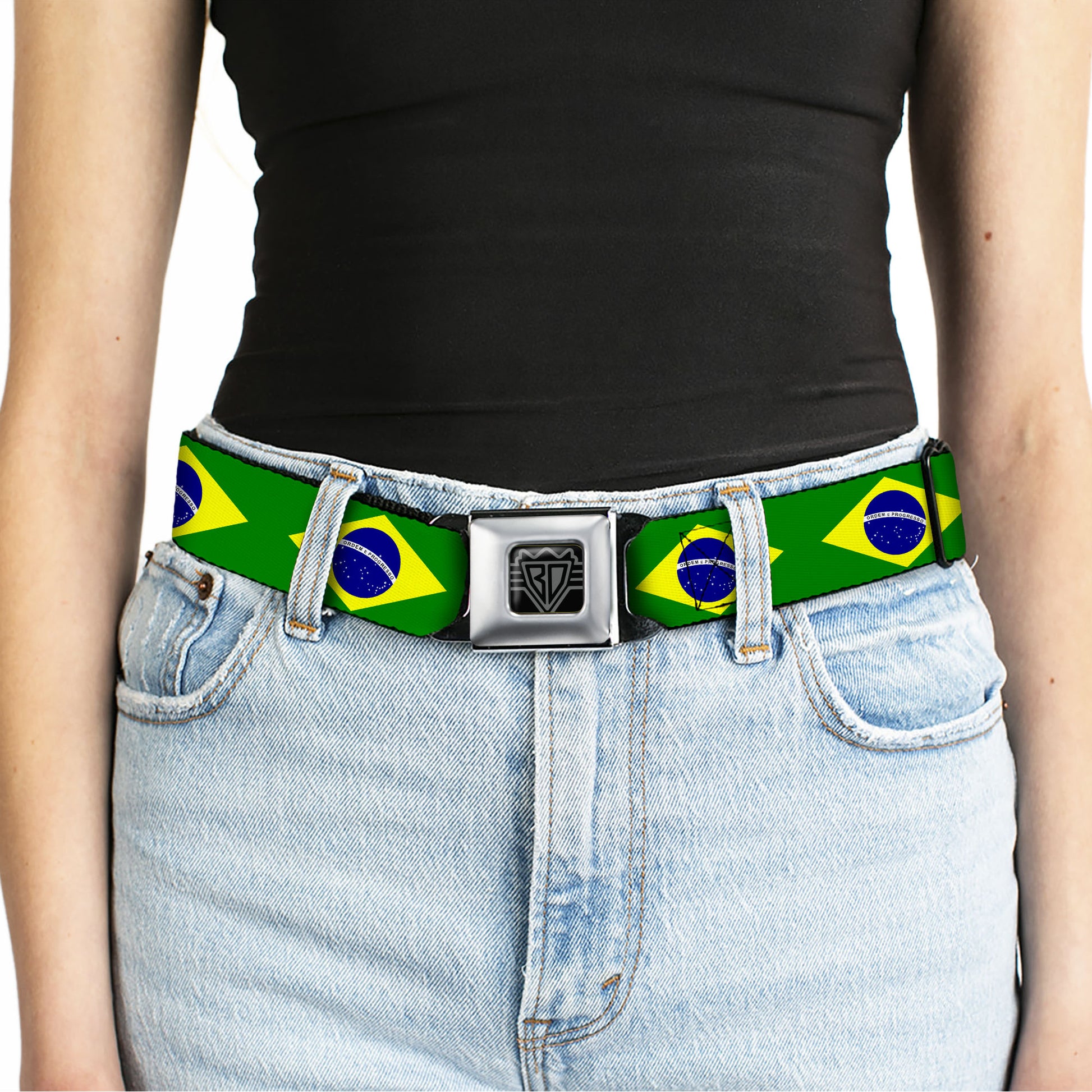 BD Wings Logo CLOSE-UP Black/Silver Seatbelt Belt - Brazil Flag Continuous Webbing Seatbelt Belts Buckle-Down