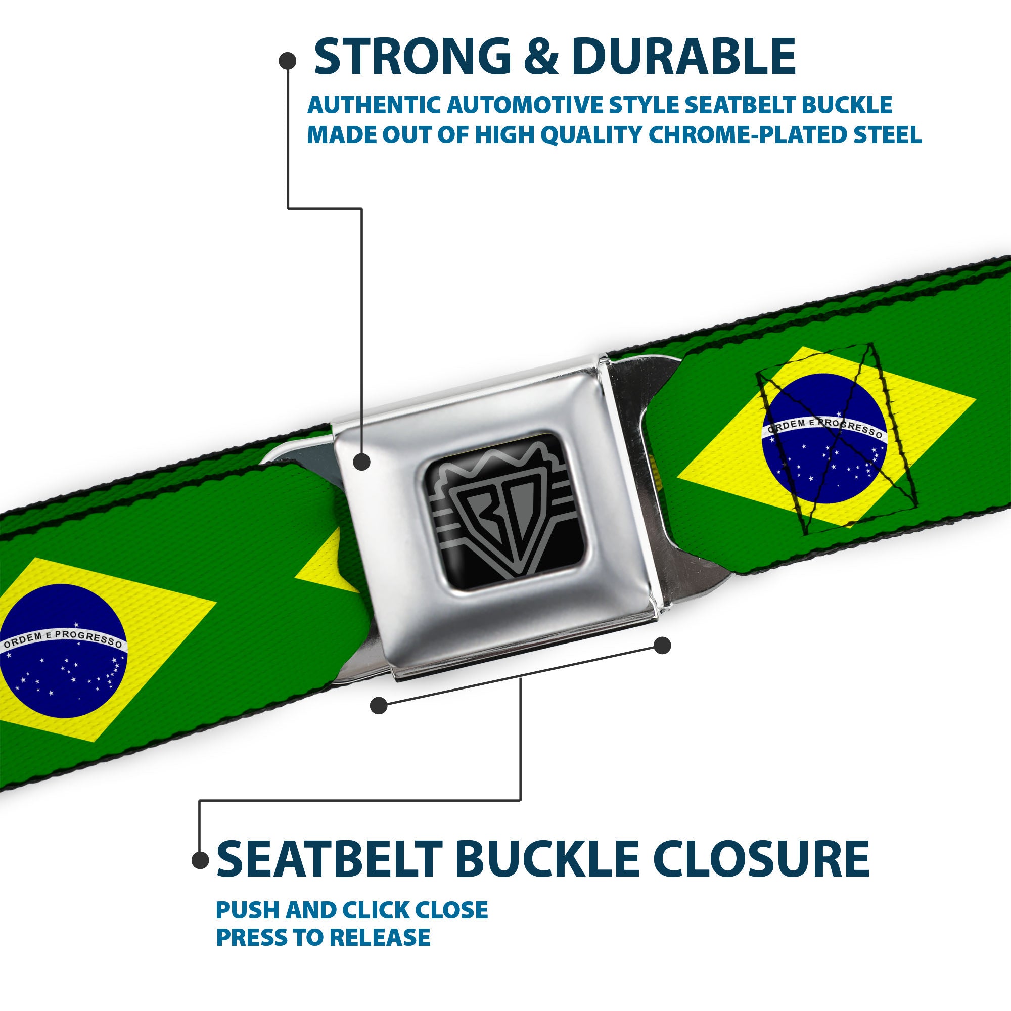 BD Wings Logo CLOSE-UP Black/Silver Seatbelt Belt - Brazil Flag Continuous Webbing Seatbelt Belts Buckle-Down