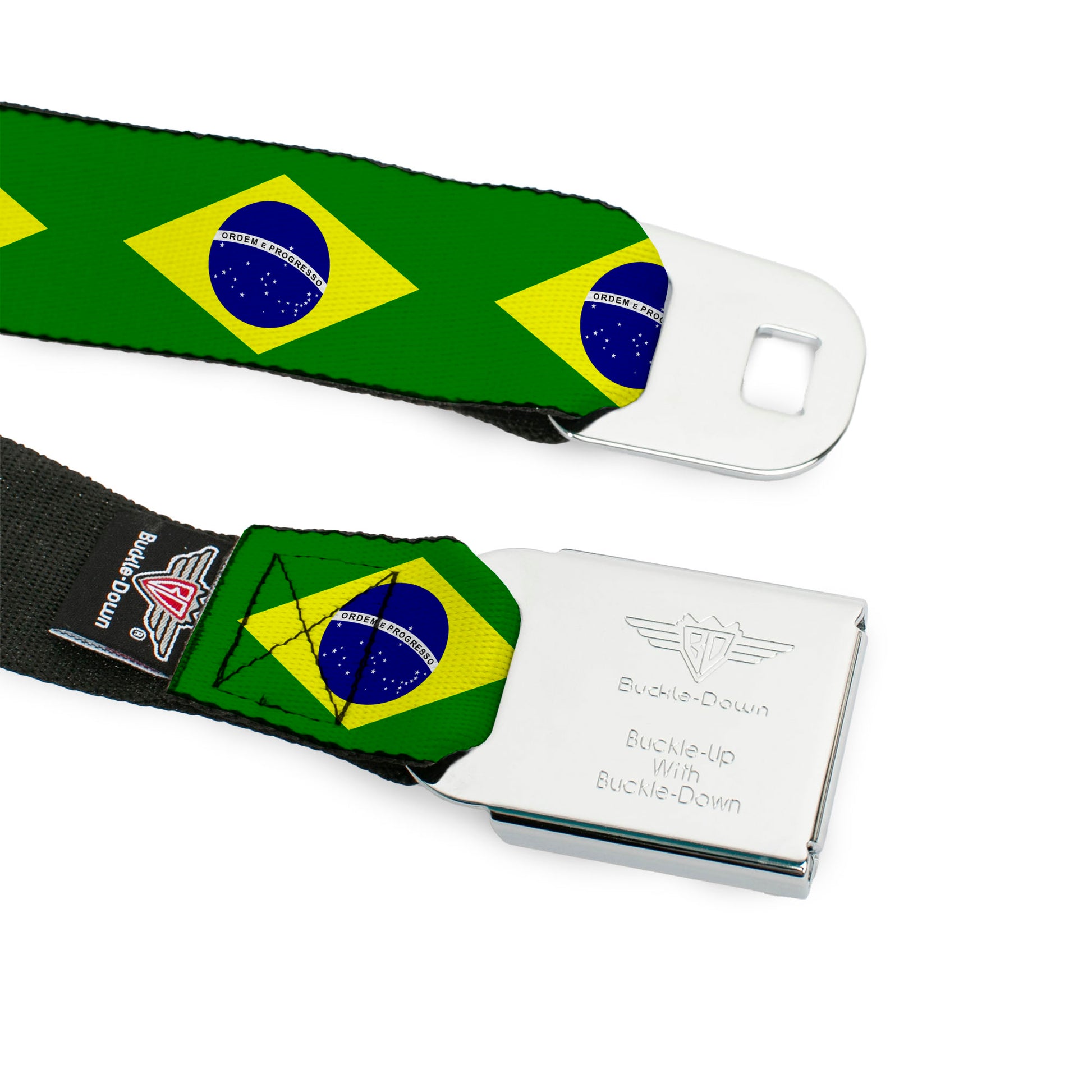 BD Wings Logo CLOSE-UP Black/Silver Seatbelt Belt - Brazil Flag Continuous Webbing Seatbelt Belts Buckle-Down