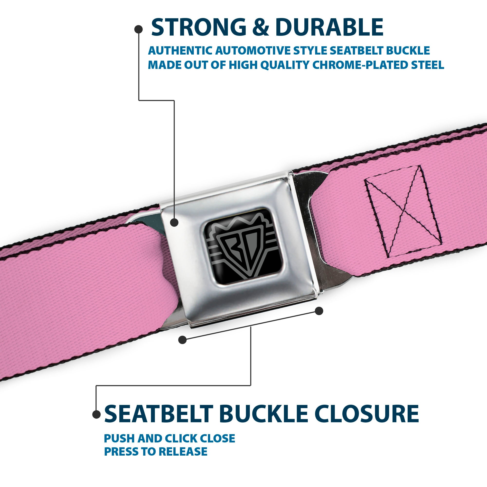 BD Wings Logo CLOSE-UP Full Color Black Silver Seatbelt Belt - Baby Pink Print Webbing Seatbelt Belts Buckle-Down