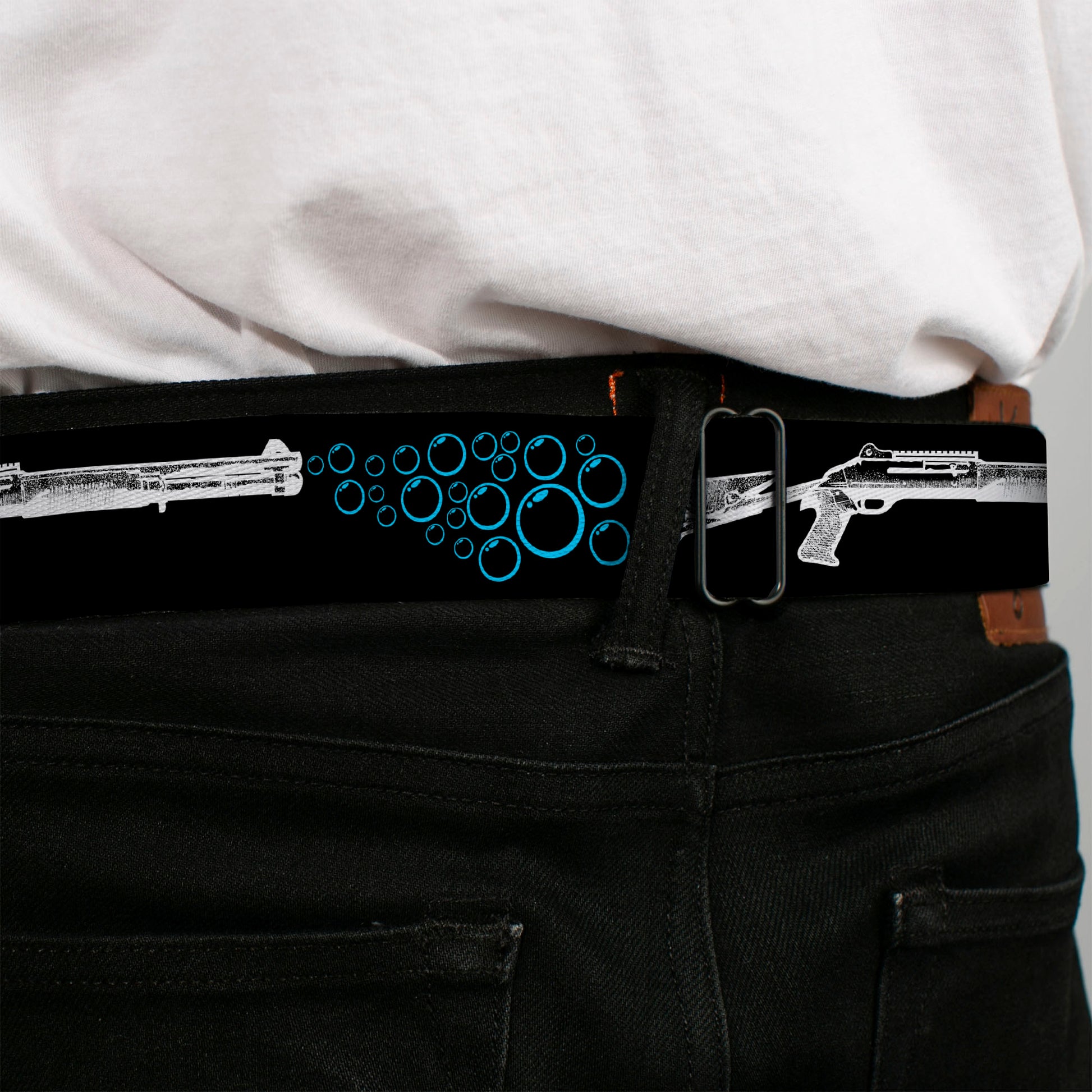 BD Wings Logo CLOSE-UP Black/Silver Seatbelt Belt - Bubble Shotgun Black/White/Blue Webbing Seatbelt Belts Buckle-Down