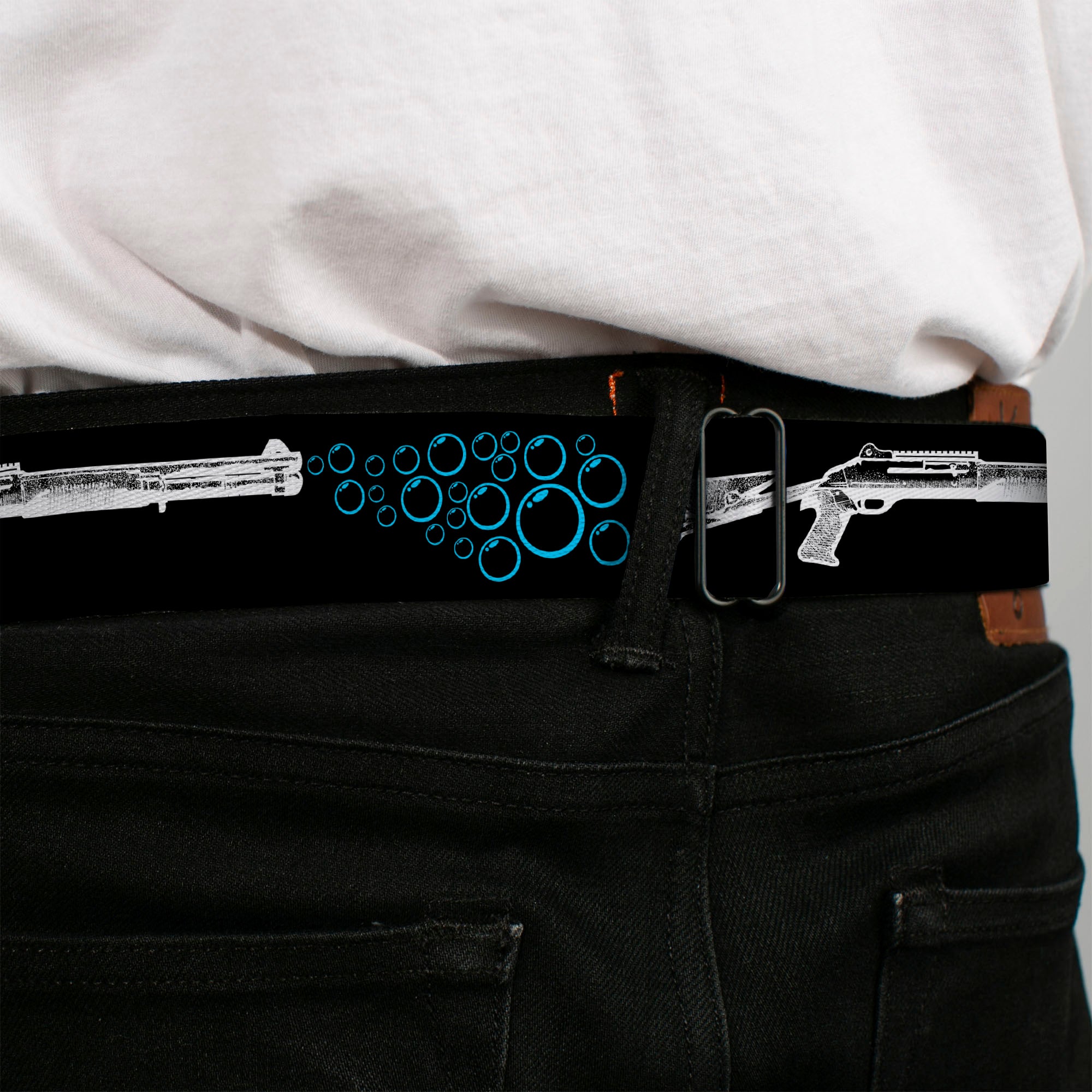 BD Wings Logo CLOSE-UP Black/Silver Seatbelt Belt - Bubble Shotgun Black/White/Blue Webbing Seatbelt Belts Buckle-Down