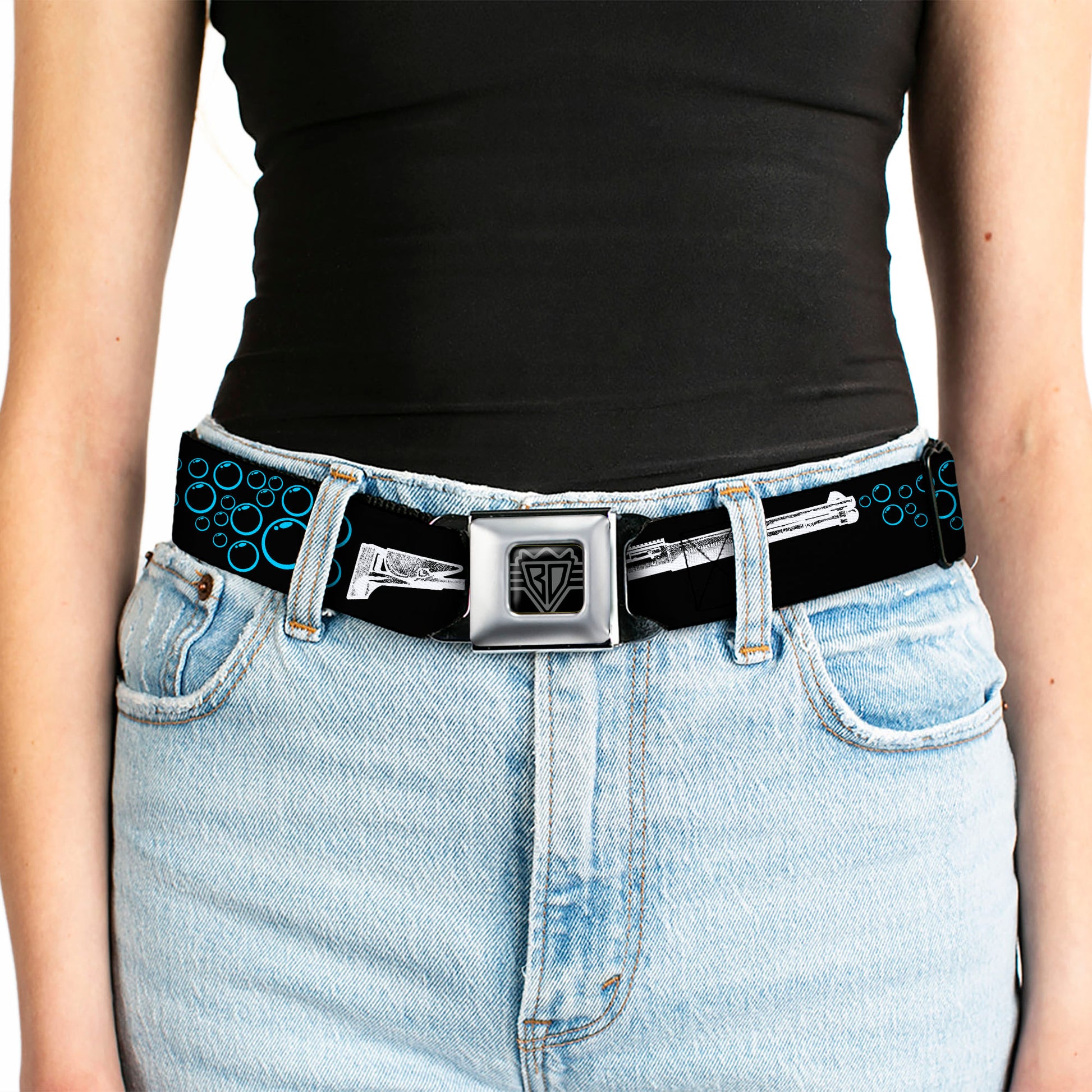 BD Wings Logo CLOSE-UP Black/Silver Seatbelt Belt - Bubble Shotgun Black/White/Blue Webbing Seatbelt Belts Buckle-Down