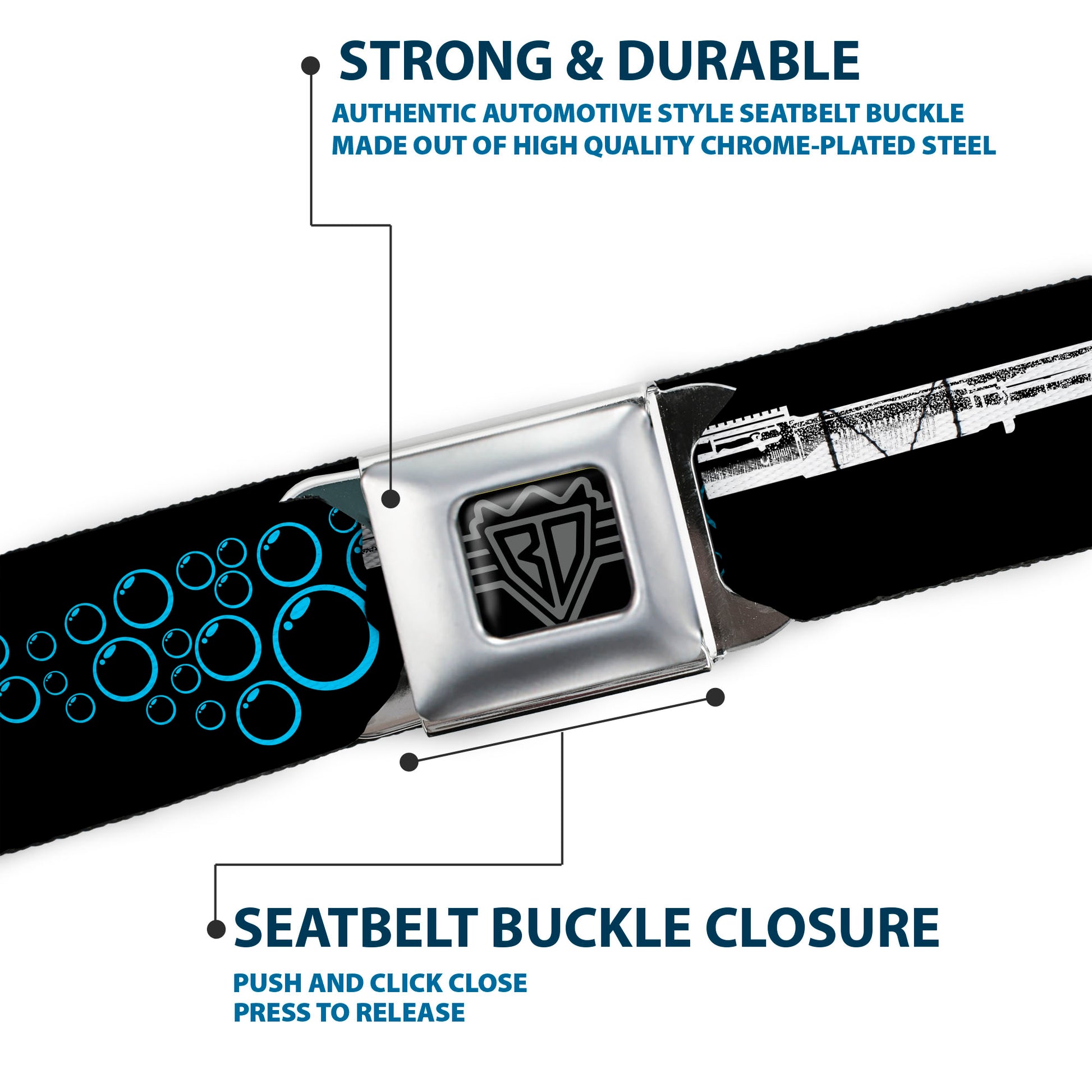 BD Wings Logo CLOSE-UP Black/Silver Seatbelt Belt - Bubble Shotgun Black/White/Blue Webbing Seatbelt Belts Buckle-Down