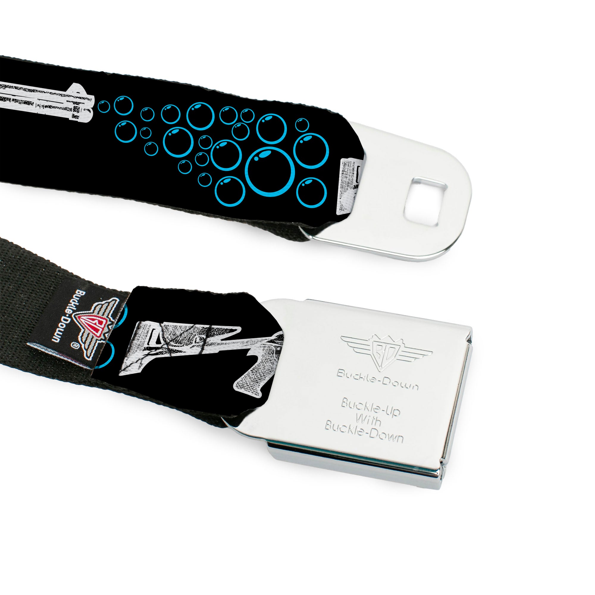 BD Wings Logo CLOSE-UP Black/Silver Seatbelt Belt - Bubble Shotgun Black/White/Blue Webbing Seatbelt Belts Buckle-Down