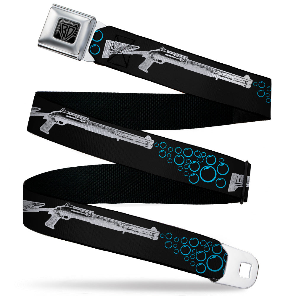 BD Wings Logo CLOSE-UP Black/Silver Seatbelt Belt - Bubble Shotgun Black/White/Blue Webbing Seatbelt Belts Buckle-Down