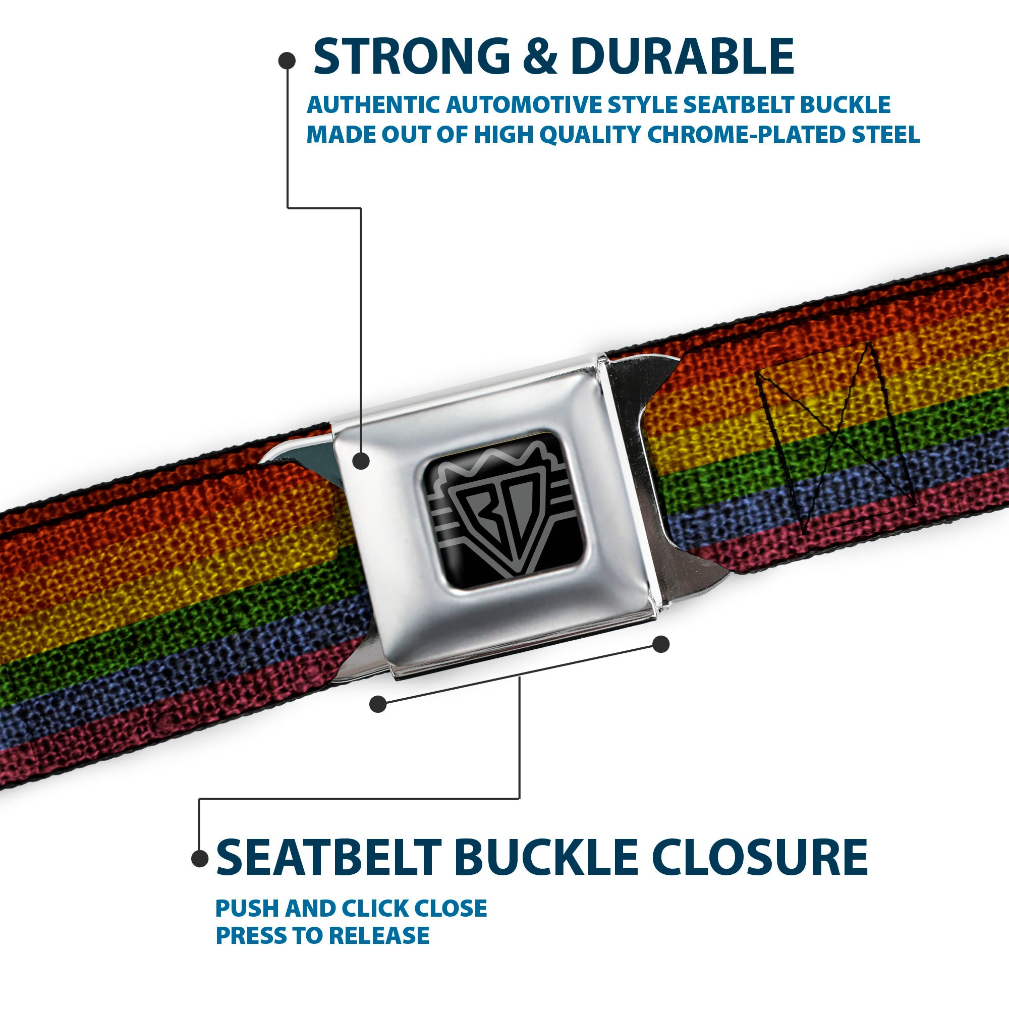 BD Wings Logo CLOSE-UP Black/Silver Seatbelt Belt - Burlap Texture Rainbow Webbing Seatbelt Belts Buckle-Down