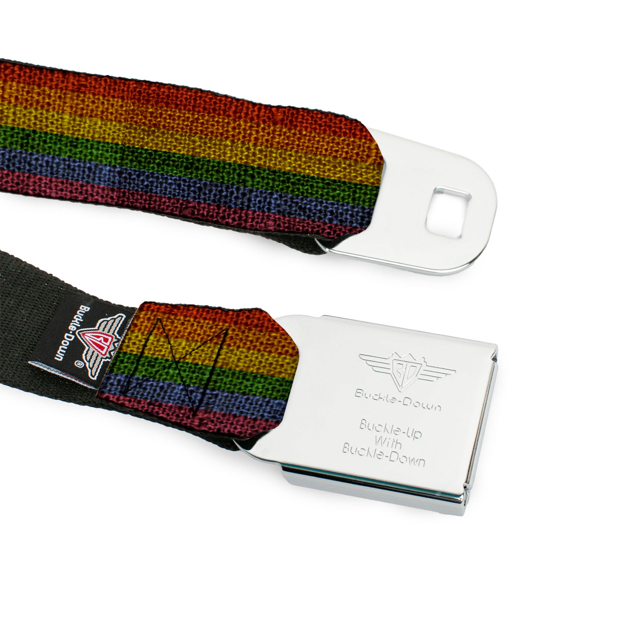 BD Wings Logo CLOSE-UP Black/Silver Seatbelt Belt - Burlap Texture Rainbow Webbing Seatbelt Belts Buckle-Down