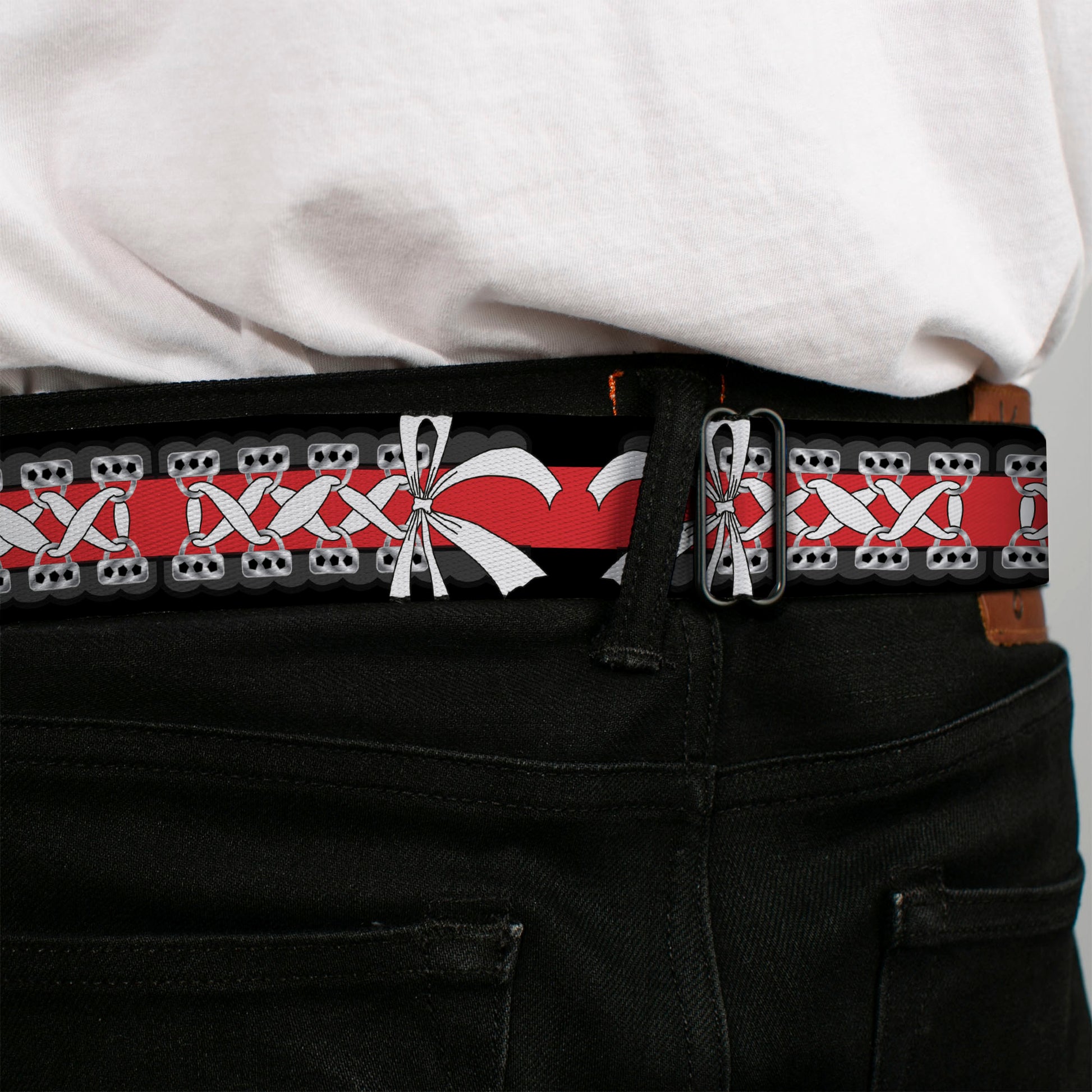 BD Wings Logo CLOSE-UP Full Color Black Silver Seatbelt Belt - Corset Lace Up w/Bow Black/Red Webbing Seatbelt Belts Buckle-Down