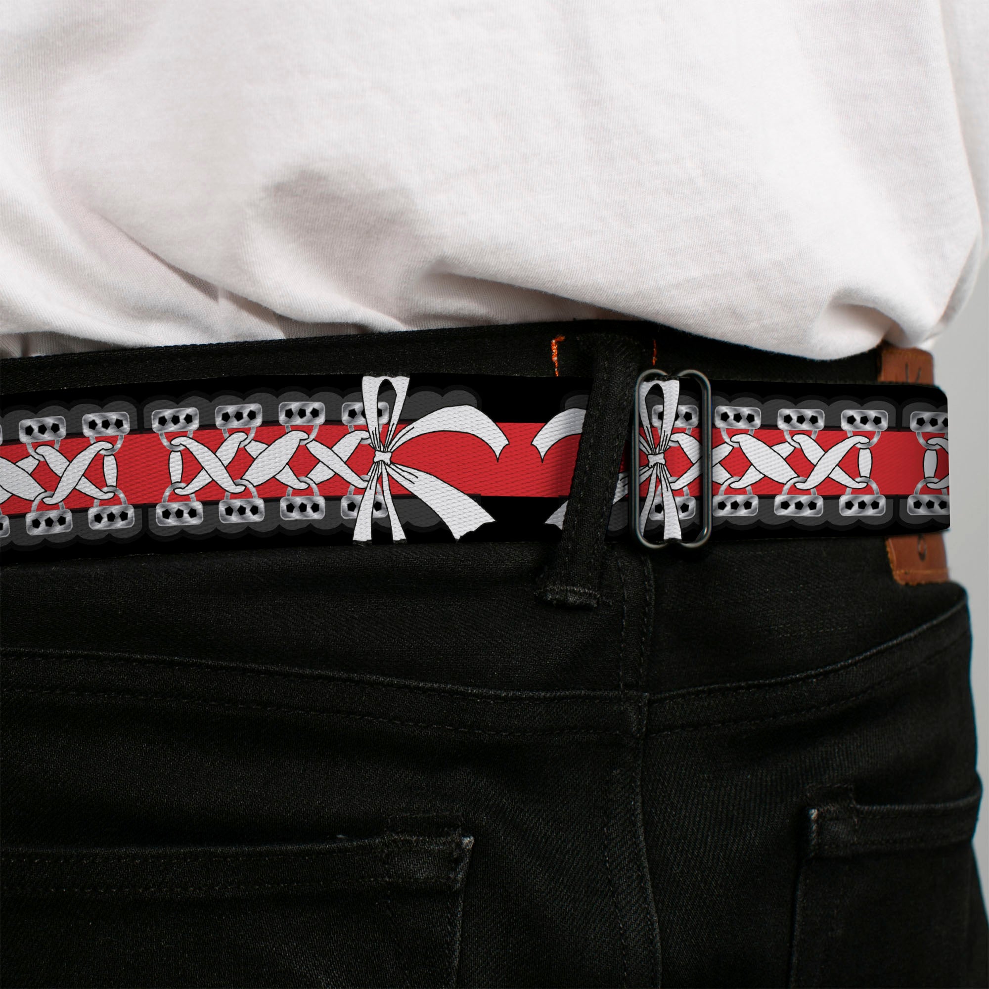 BD Wings Logo CLOSE-UP Full Color Black Silver Seatbelt Belt - Corset Lace Up w/Bow Black/Red Webbing Seatbelt Belts Buckle-Down