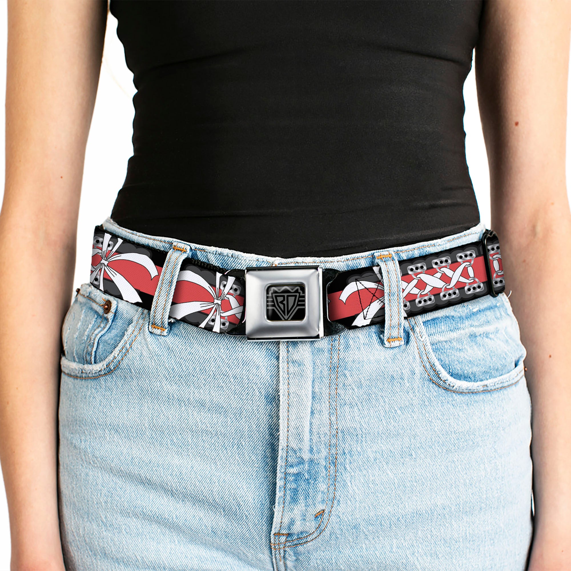 BD Wings Logo CLOSE-UP Full Color Black Silver Seatbelt Belt - Corset Lace Up w/Bow Black/Red Webbing Seatbelt Belts Buckle-Down