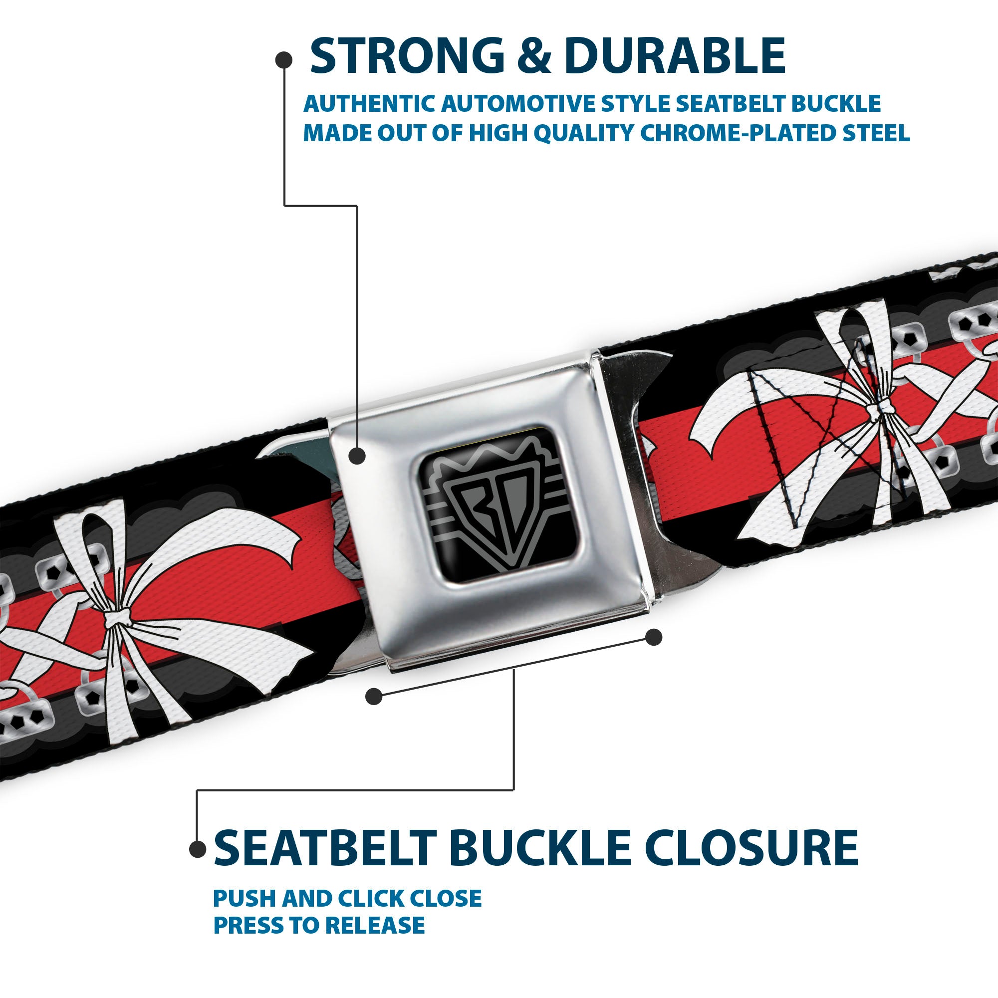 BD Wings Logo CLOSE-UP Full Color Black Silver Seatbelt Belt - Corset Lace Up w/Bow Black/Red Webbing Seatbelt Belts Buckle-Down