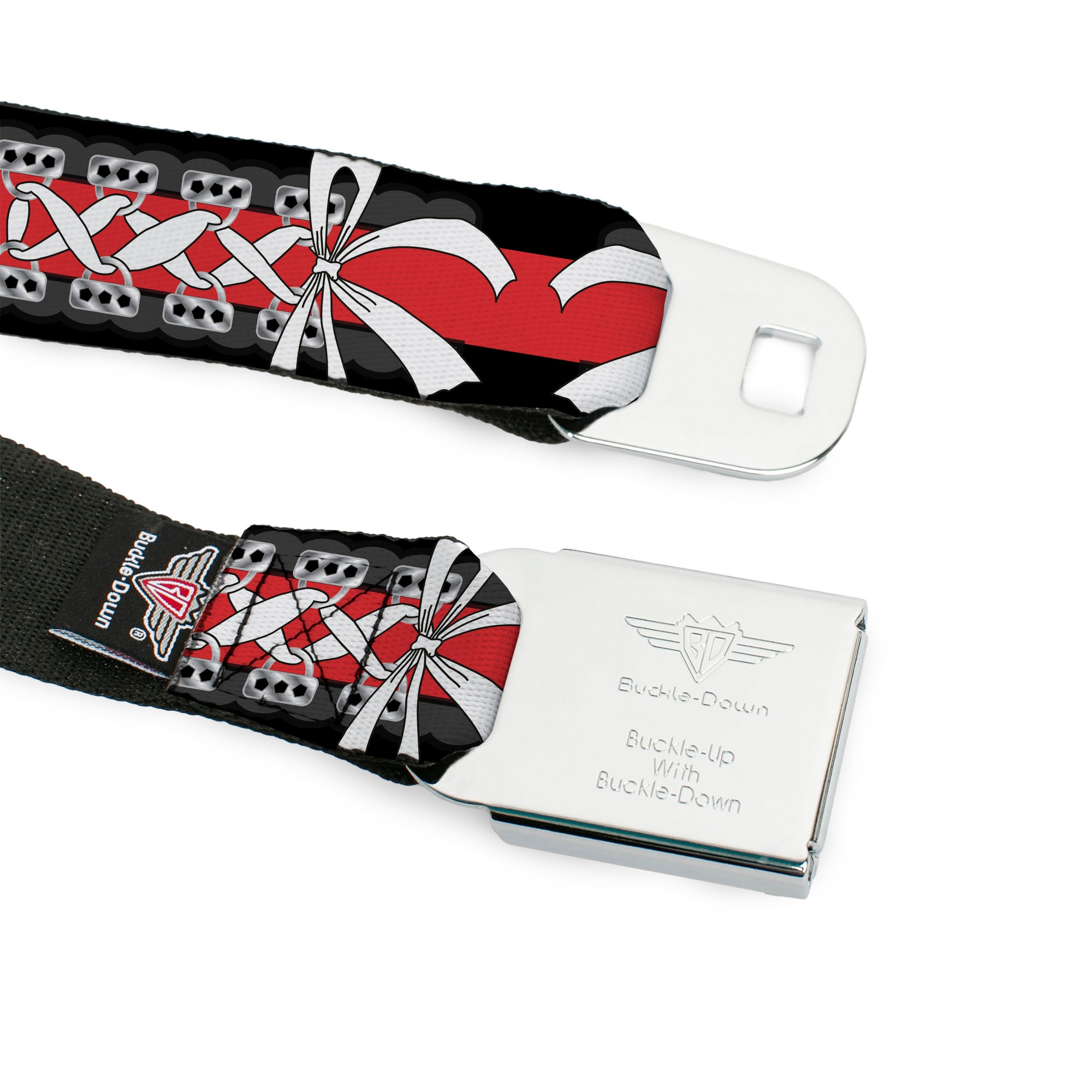 BD Wings Logo CLOSE-UP Full Color Black Silver Seatbelt Belt - Corset Lace Up w/Bow Black/Red Webbing Seatbelt Belts Buckle-Down