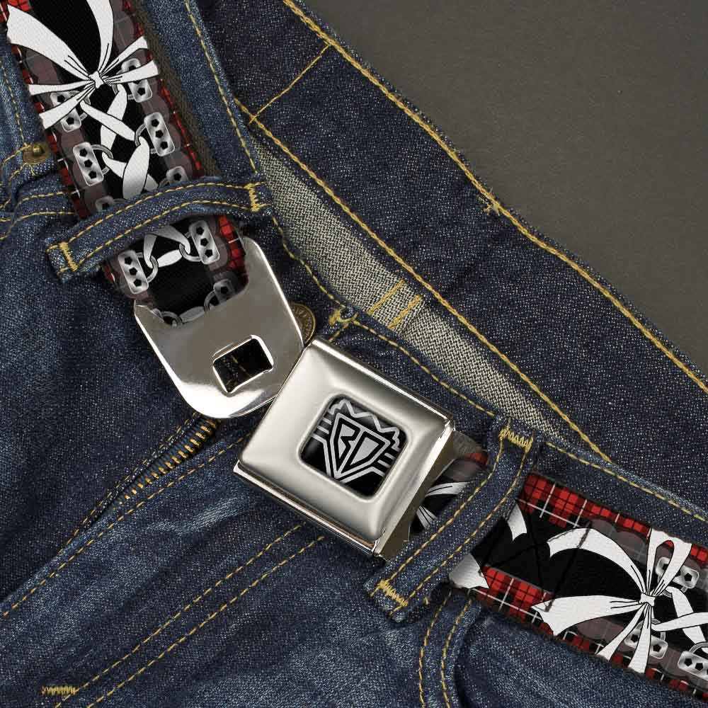 BD Wings Logo CLOSE-UP Full Color Black Silver Seatbelt Belt - Corset Lace Up w/Bow Red Plaid/Black Webbing Seatbelt Belts Buckle-Down